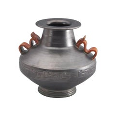 Upsala Ekeby Art Deco Silver Ceramic Vase with Orange Handles