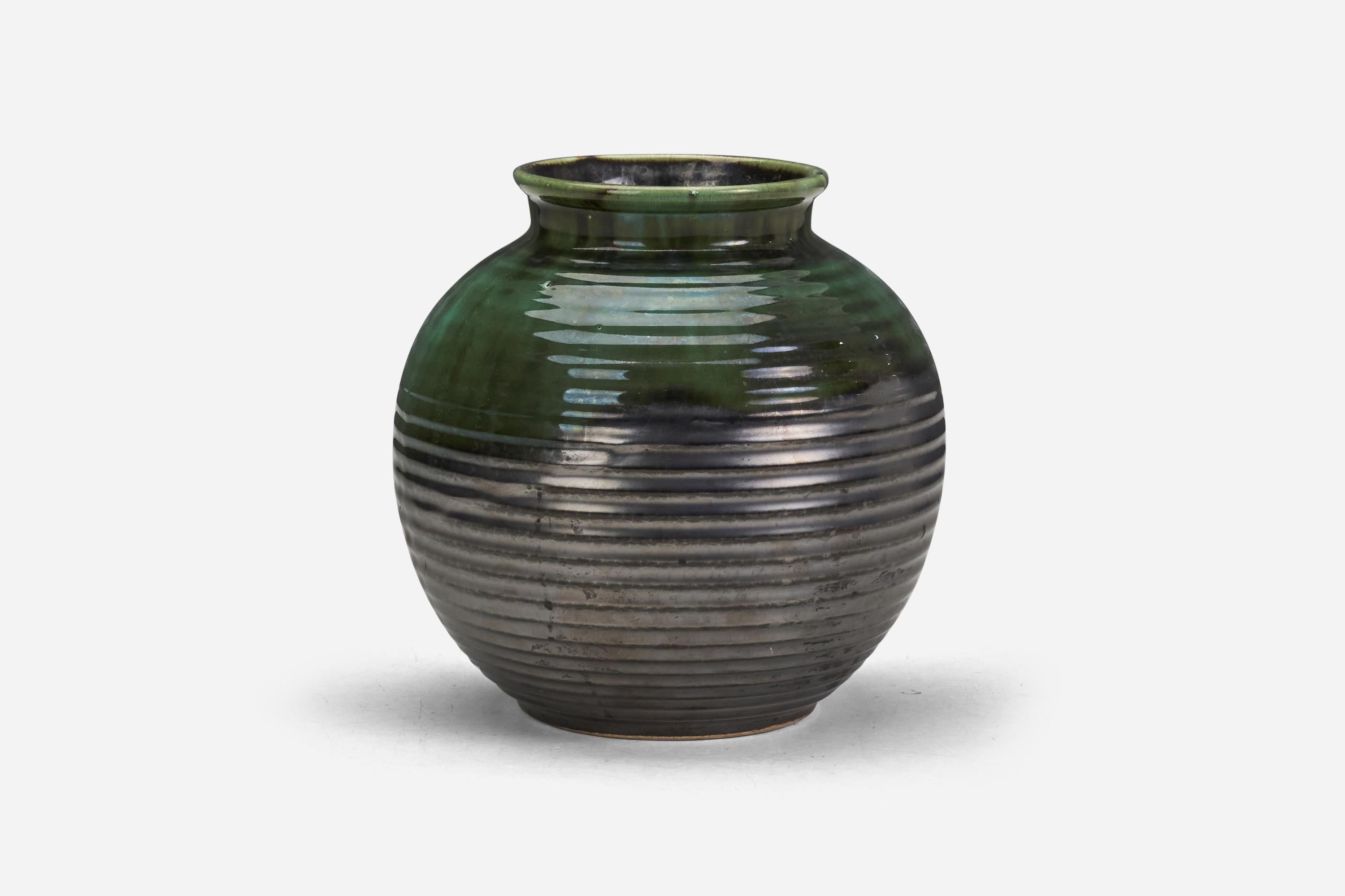 A green and grey glazed earthenware vase; design and production attributed to Upsala-Ekeby, Sweden, 1940s.