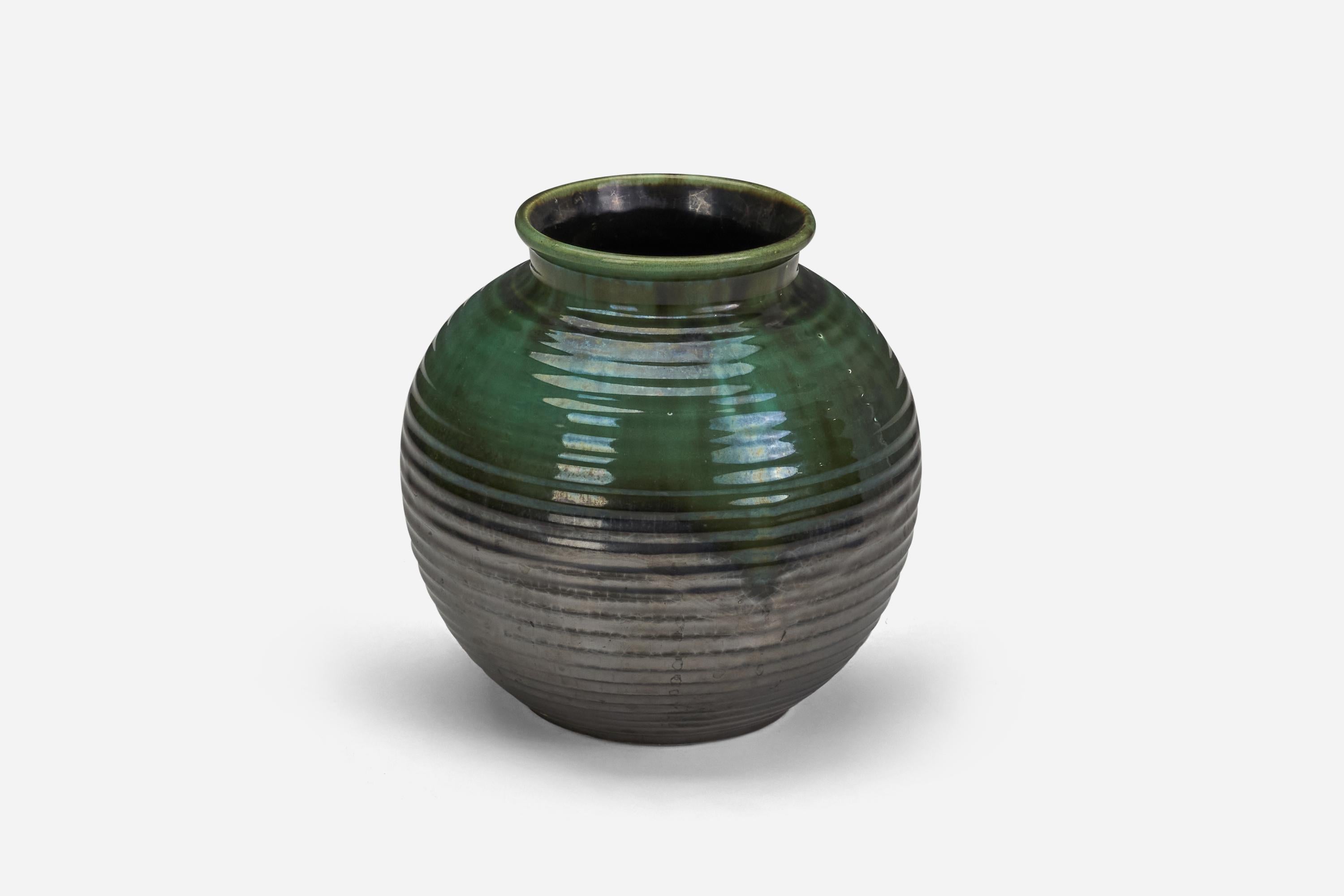 Scandinavian Modern Upsala-Ekeby Attribution, Vase, Green and Grey Glazed Earthenware, Sweden, 1940s For Sale
