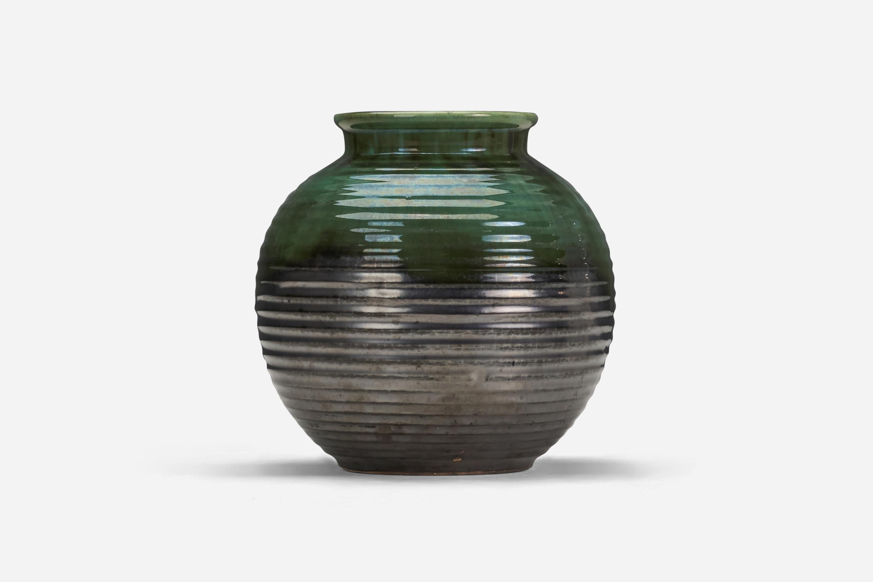 Swedish Upsala-Ekeby Attribution, Vase, Green and Grey Glazed Earthenware, Sweden, 1940s For Sale