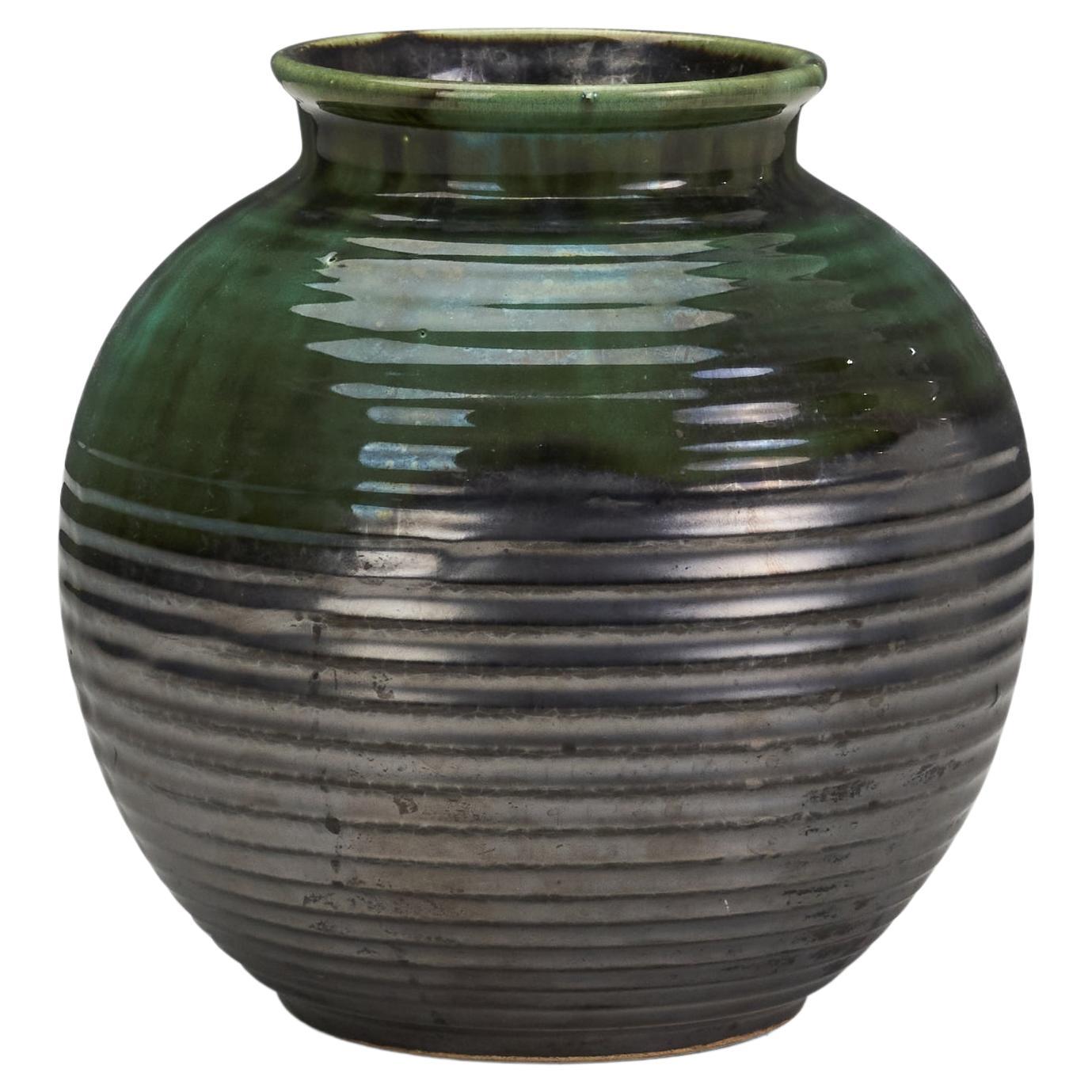 Upsala-Ekeby Attribution, Vase, Green and Grey Glazed Earthenware, Sweden, 1940s For Sale
