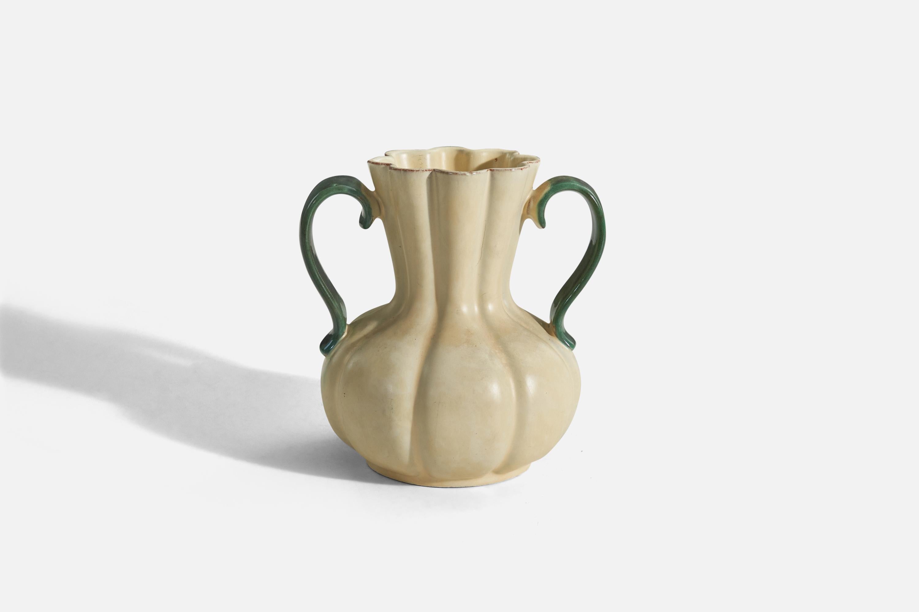 A beige and green glazed earthenware vase designed and produced by Upsala-Ekeby, Sweden, 1940s.

