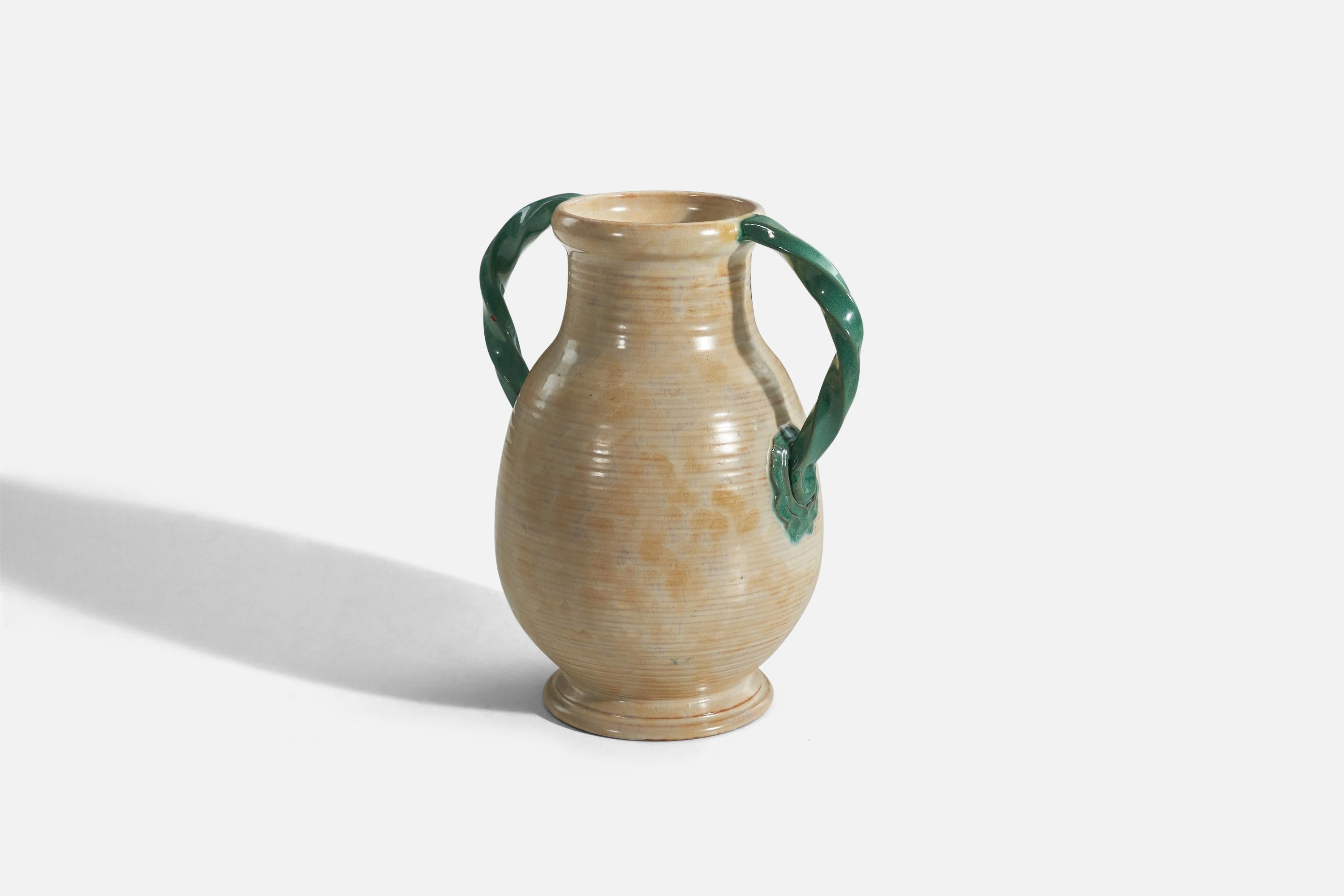 A beige and green glazed earthenware vase designed and produced by Upsala-Ekeby, Sweden, 1940s.

