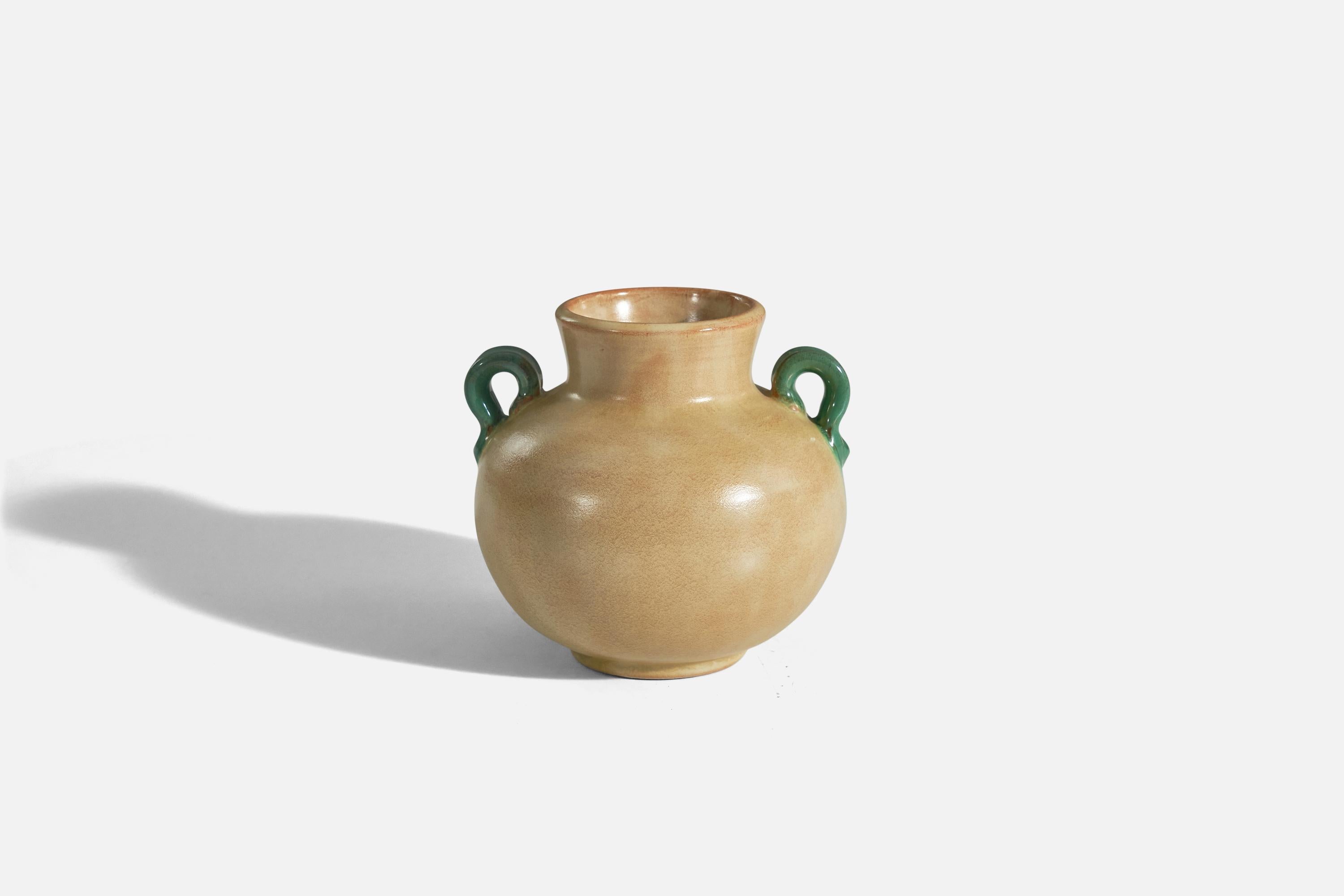 A beige and green glazed earthenware vase designed and produced by Upsala-Ekeby, Sweden, 1940s.

 