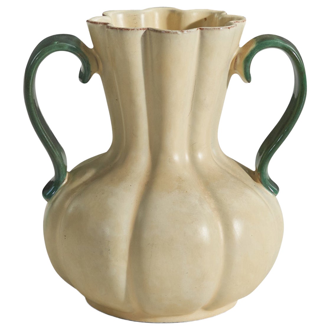 Upsala-Ekeby, faïence beige et vernie verte, Suède, années 1940