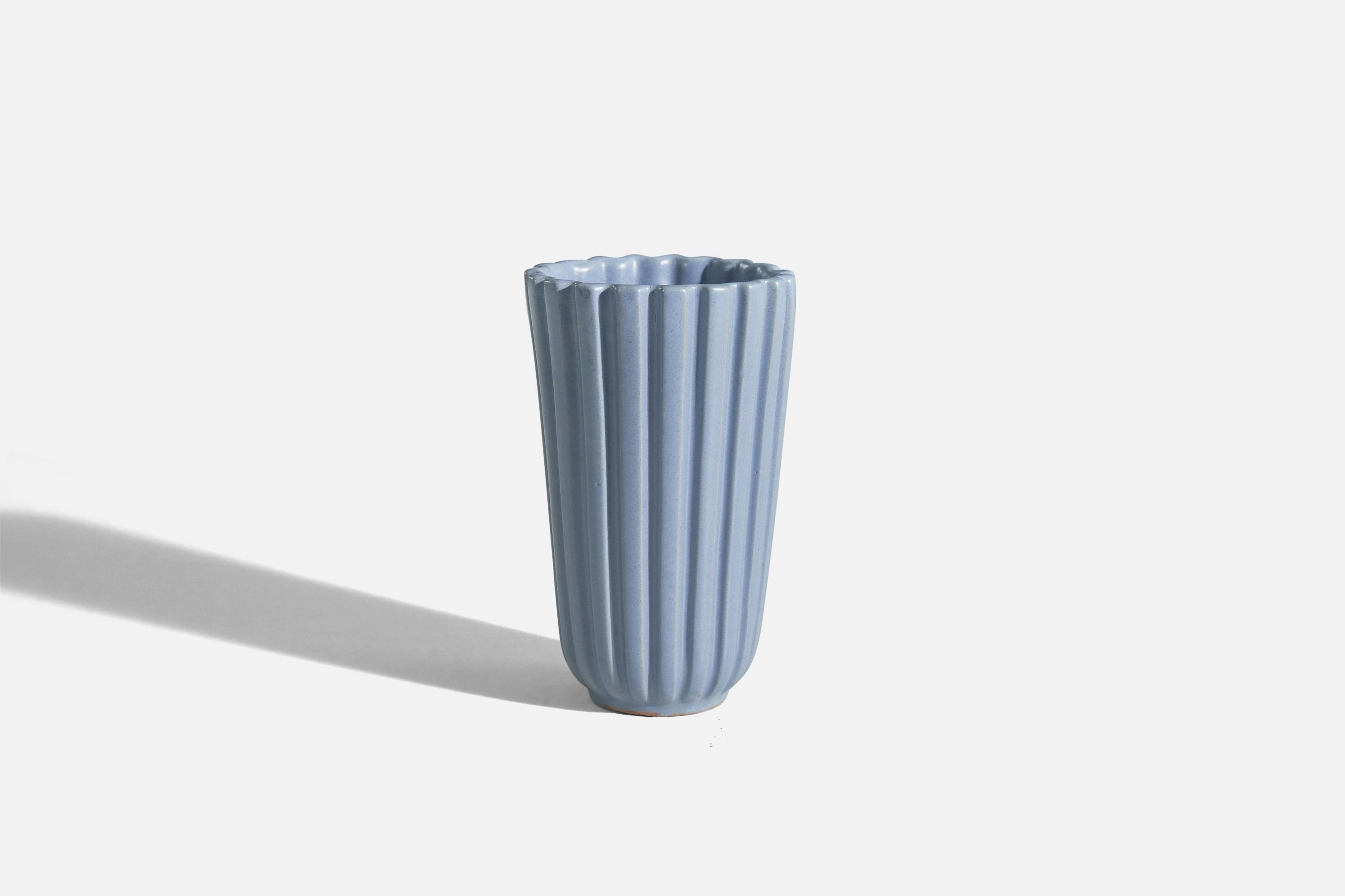 A blue, glazed earthenware vase designed and produced by Upsala-Ekeby, Sweden, 1940s.

 