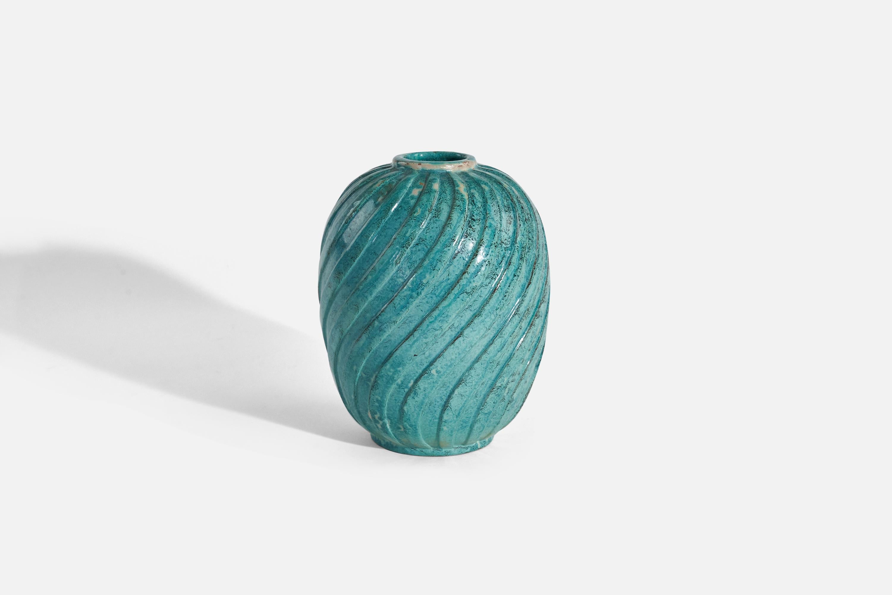 An aquamarine blue, glazed earthenware vase designed and produced by Upsala-Ekeby, Sweden, c. 1940s.

