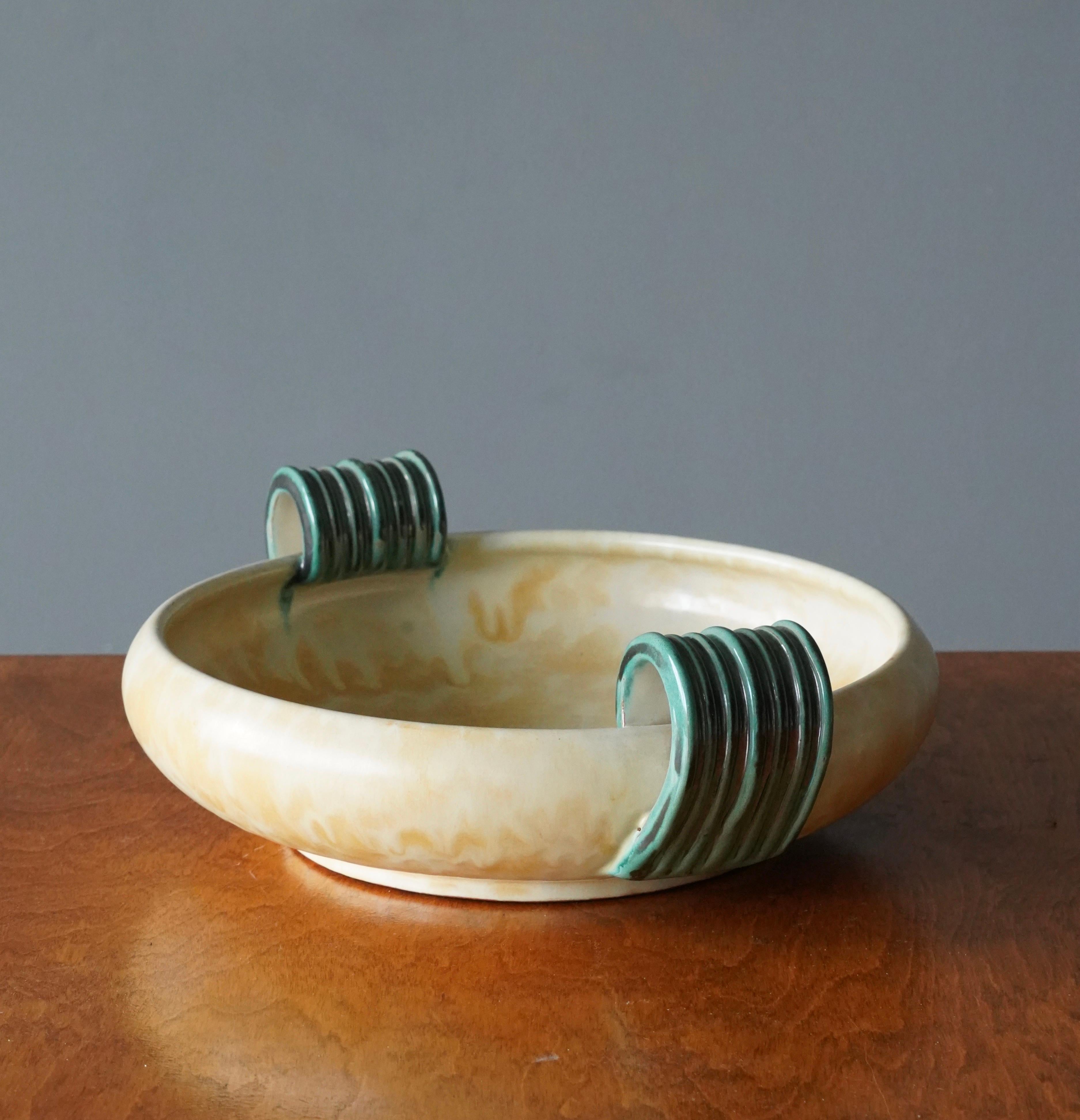 Art Deco Upsala-Ekeby, Bowl, Yellow Green Glazed Earthenware, Sweden, 1940s