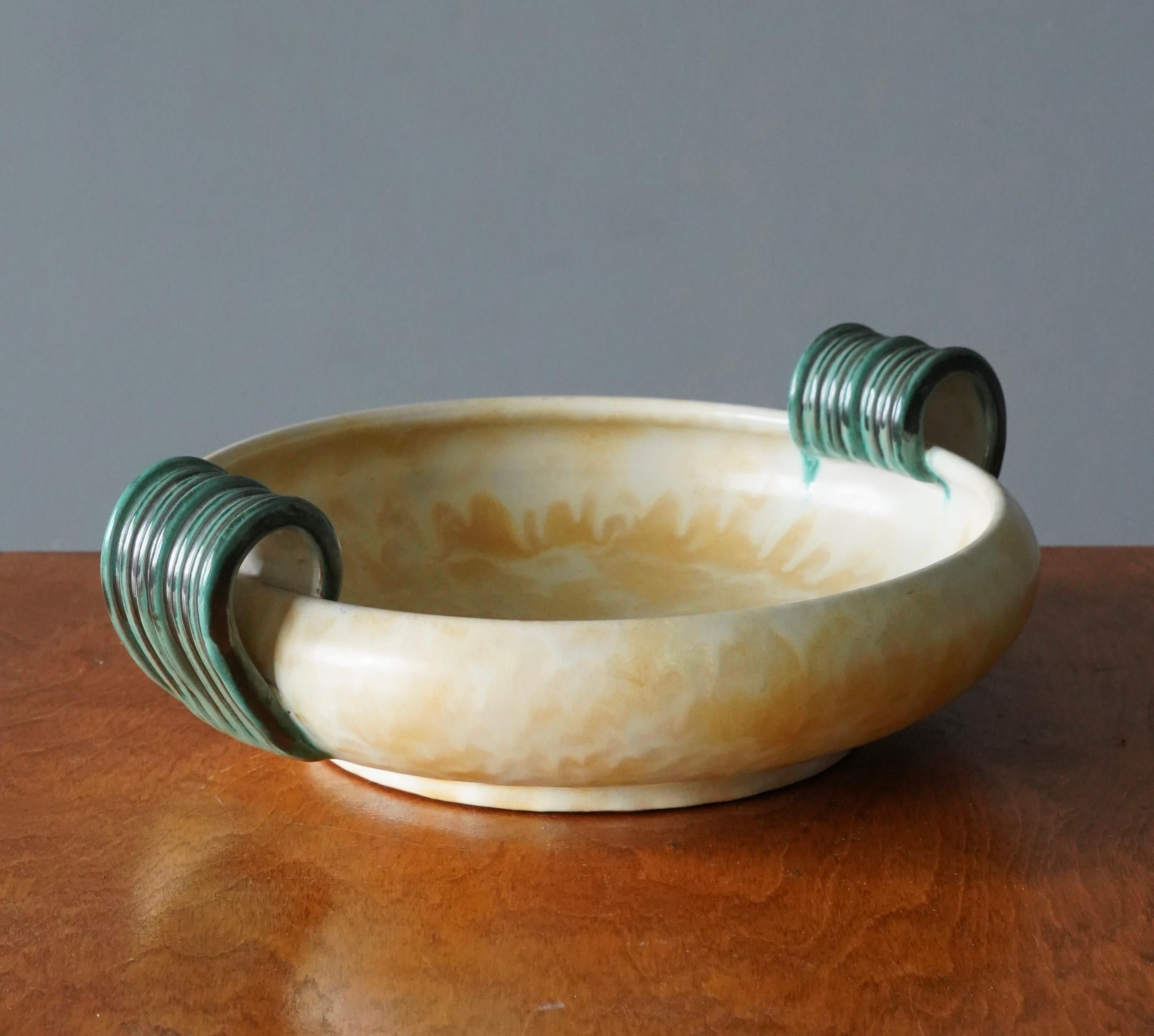 Swedish Upsala-Ekeby, Bowl, Yellow Green Glazed Earthenware, Sweden, 1940s