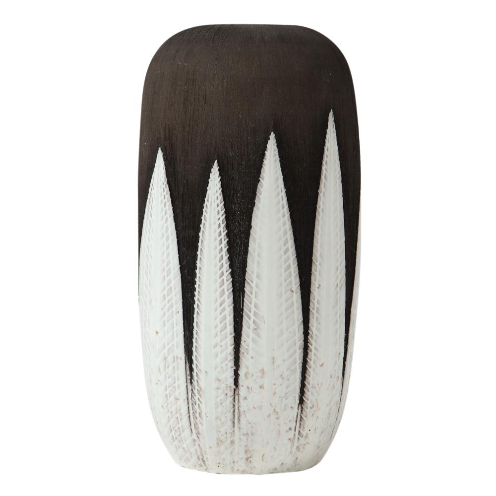 Upsala Ekeby Ceramic Paprika Vase Brown White Pottery Signed Sweden, 1960s. Vase features carved leaves glazed white with a dark matte background and detailed with vertical textural lines. Designed by Anna-Lisa Thomson. Signed on underside of vase