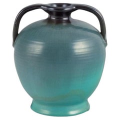 Upsala Ekeby ceramic vase with two handles. Glaze in greenish tones.