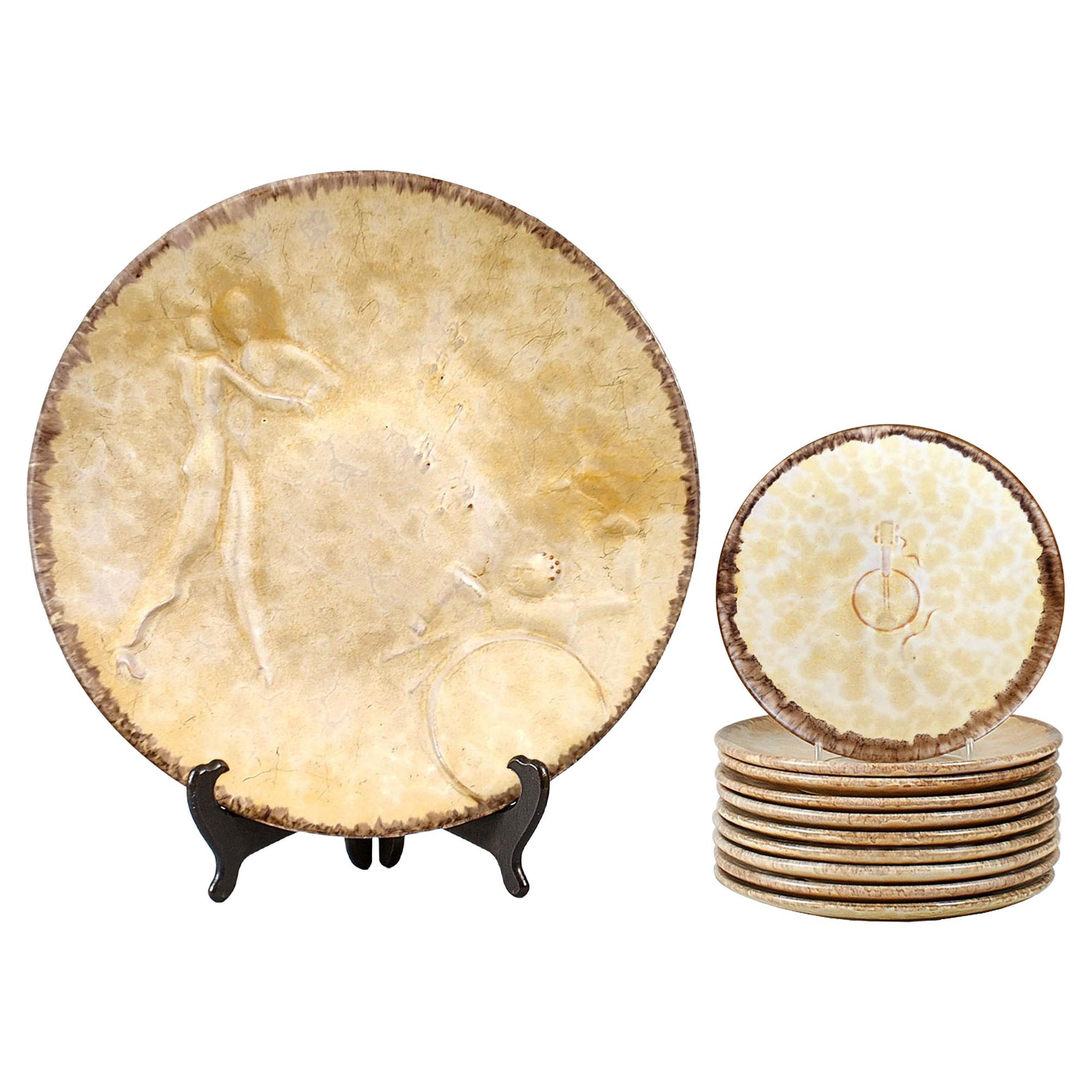 Service à fruits en céramique Upsala Ekeby, Einar Luterkort, 1+10 pièces, Suède, années 1930 en vente