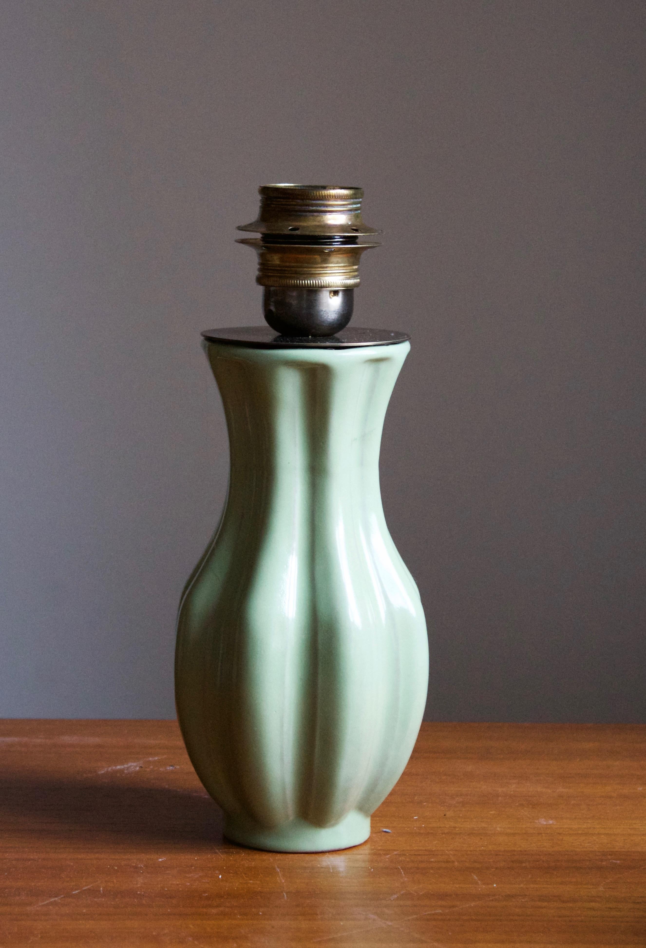 Art Deco Upsala-Ekeby, Fluted Table Lamp, Green Glazed Earthenware, Sweden, 1930s