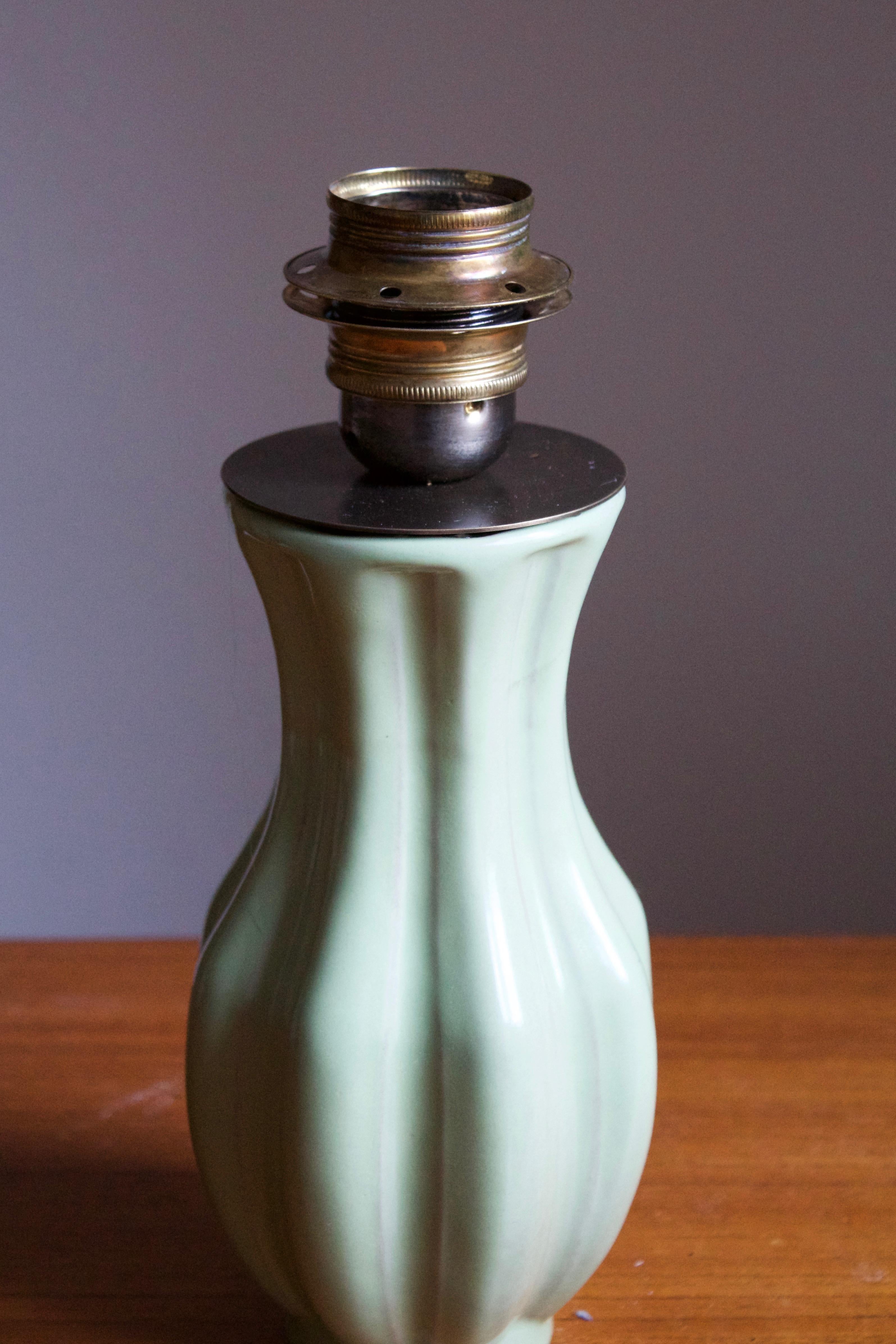 Swedish Upsala-Ekeby, Fluted Table Lamp, Green Glazed Earthenware, Sweden, 1930s