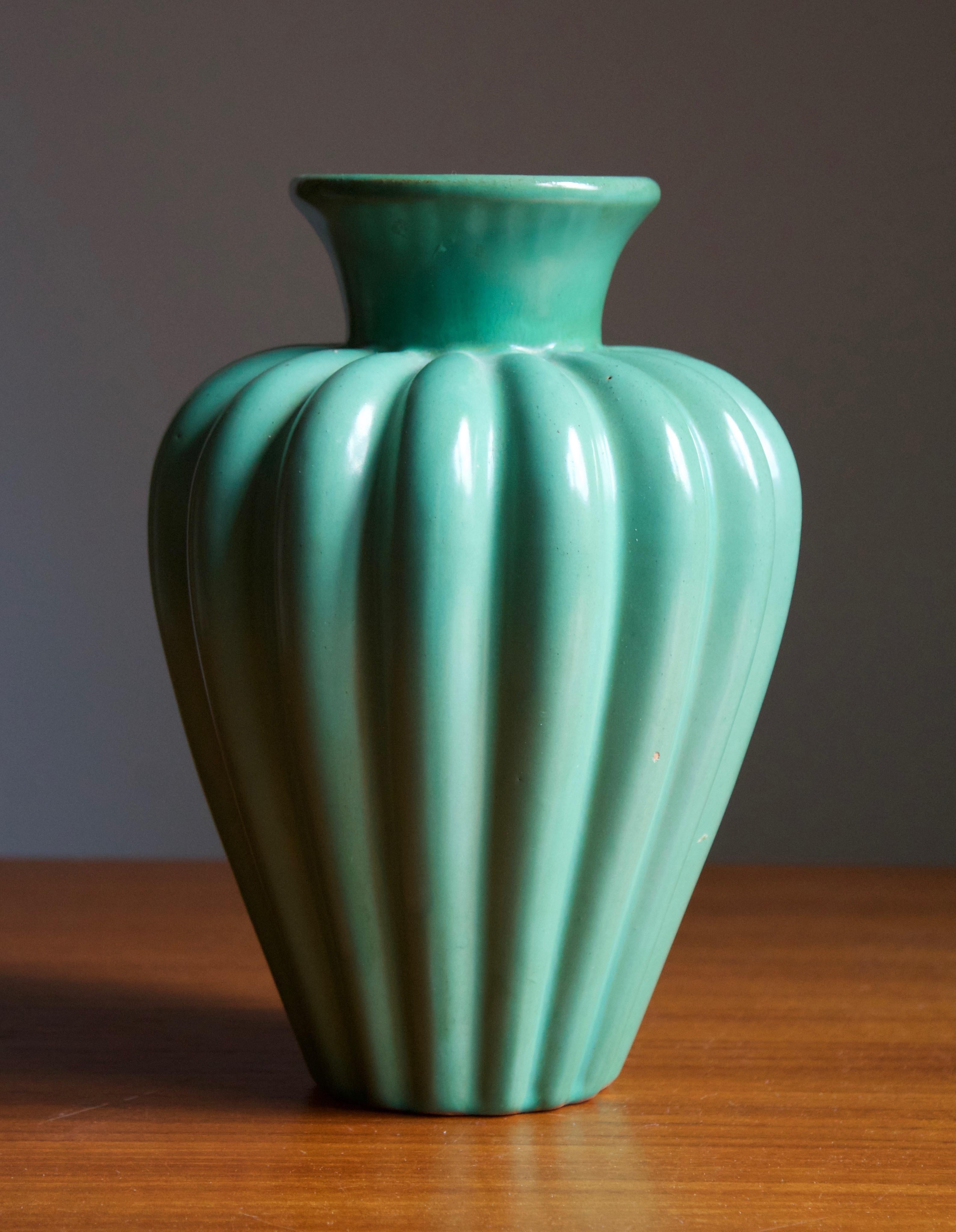 Art Deco Upsala-Ekeby, Fluted Vase, Glazed Earthenware, Sweden, 1930s
