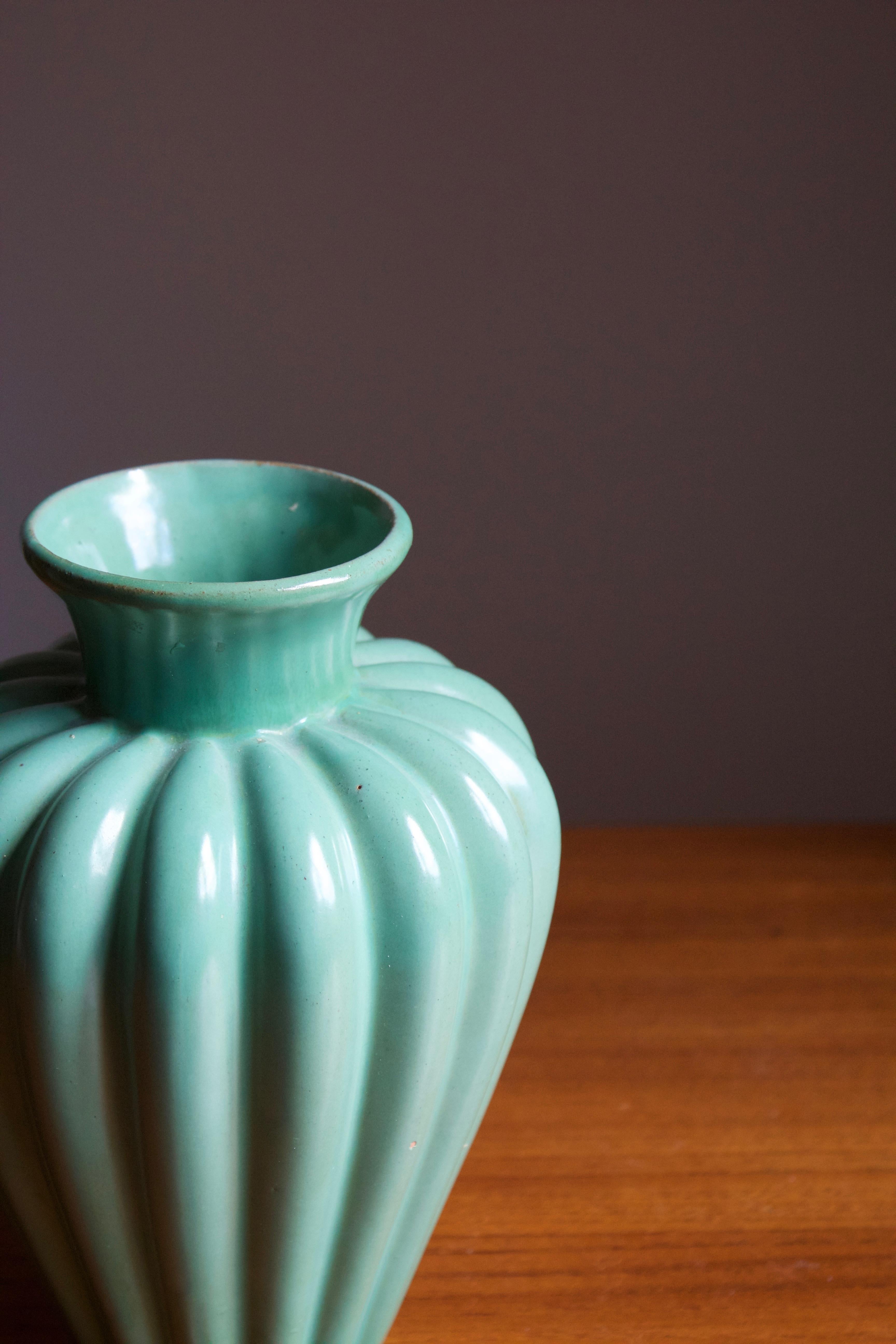 Swedish Upsala-Ekeby, Fluted Vase, Glazed Earthenware, Sweden, 1930s