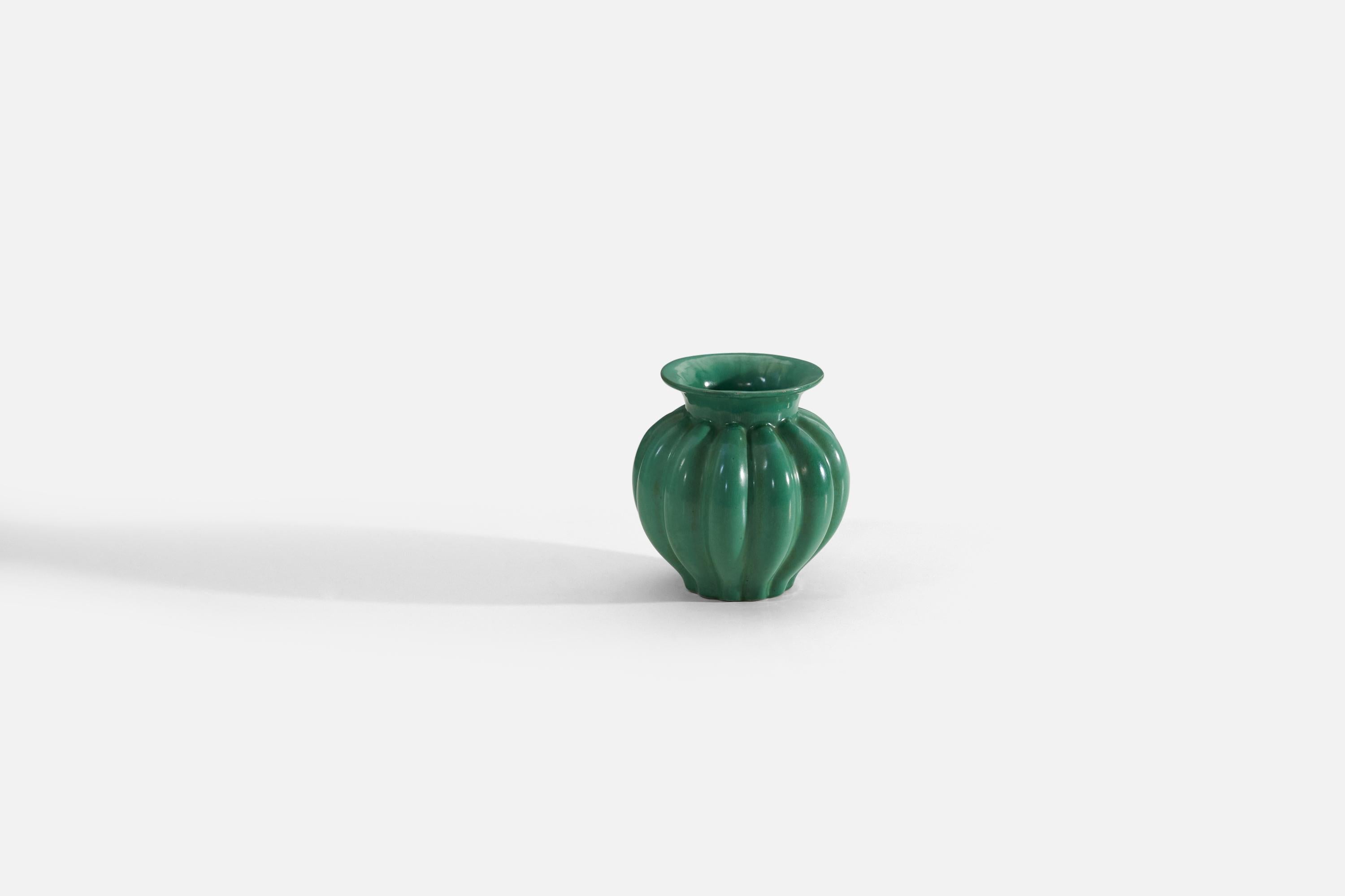 A green glazed earthenware vase produced by Upsala-Ekeby, Sweden, 1940s.
 