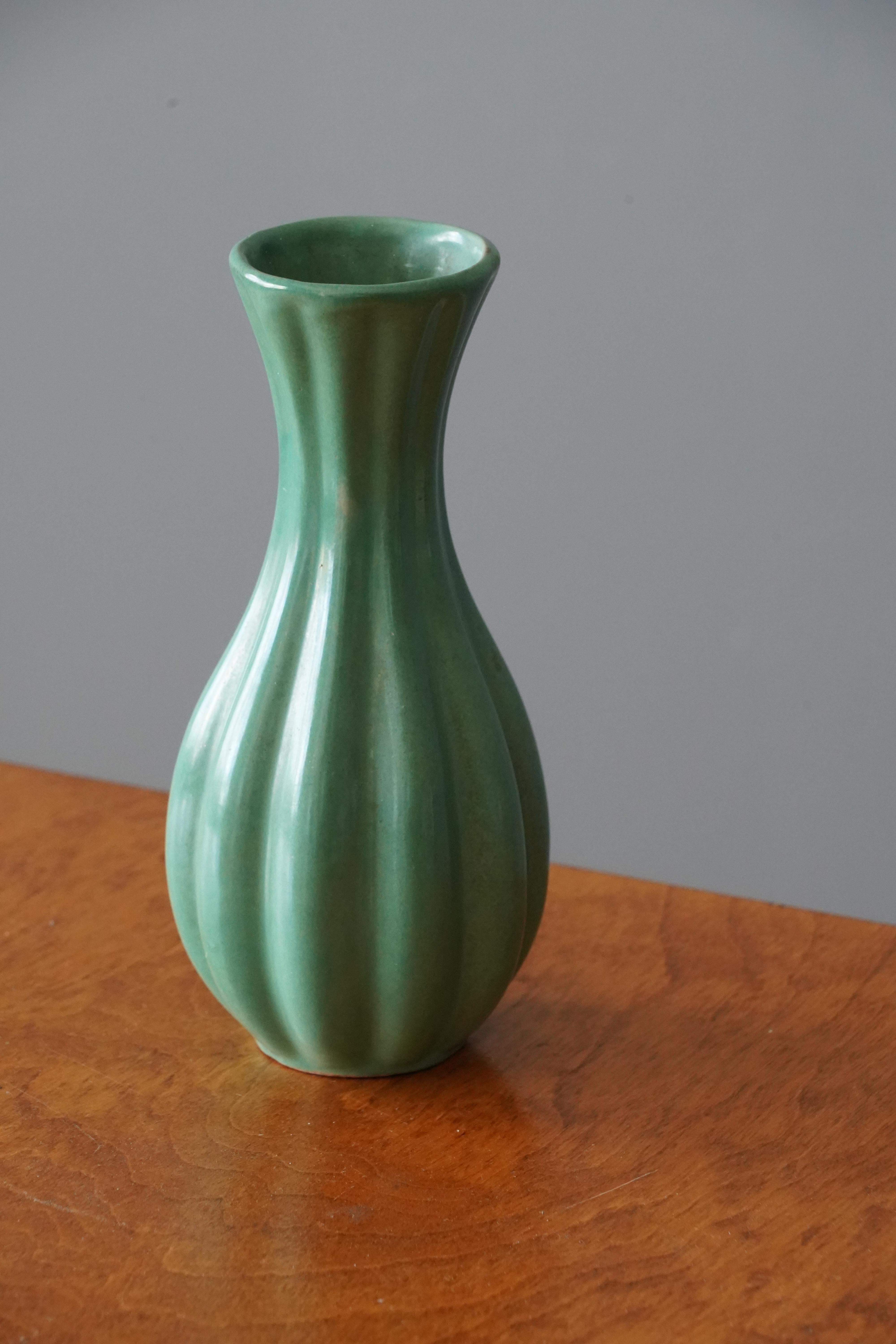 Art Deco Upsala-Ekeby, Fluted Vase, Green Glazed Earthenware, Sweden, 1940s
