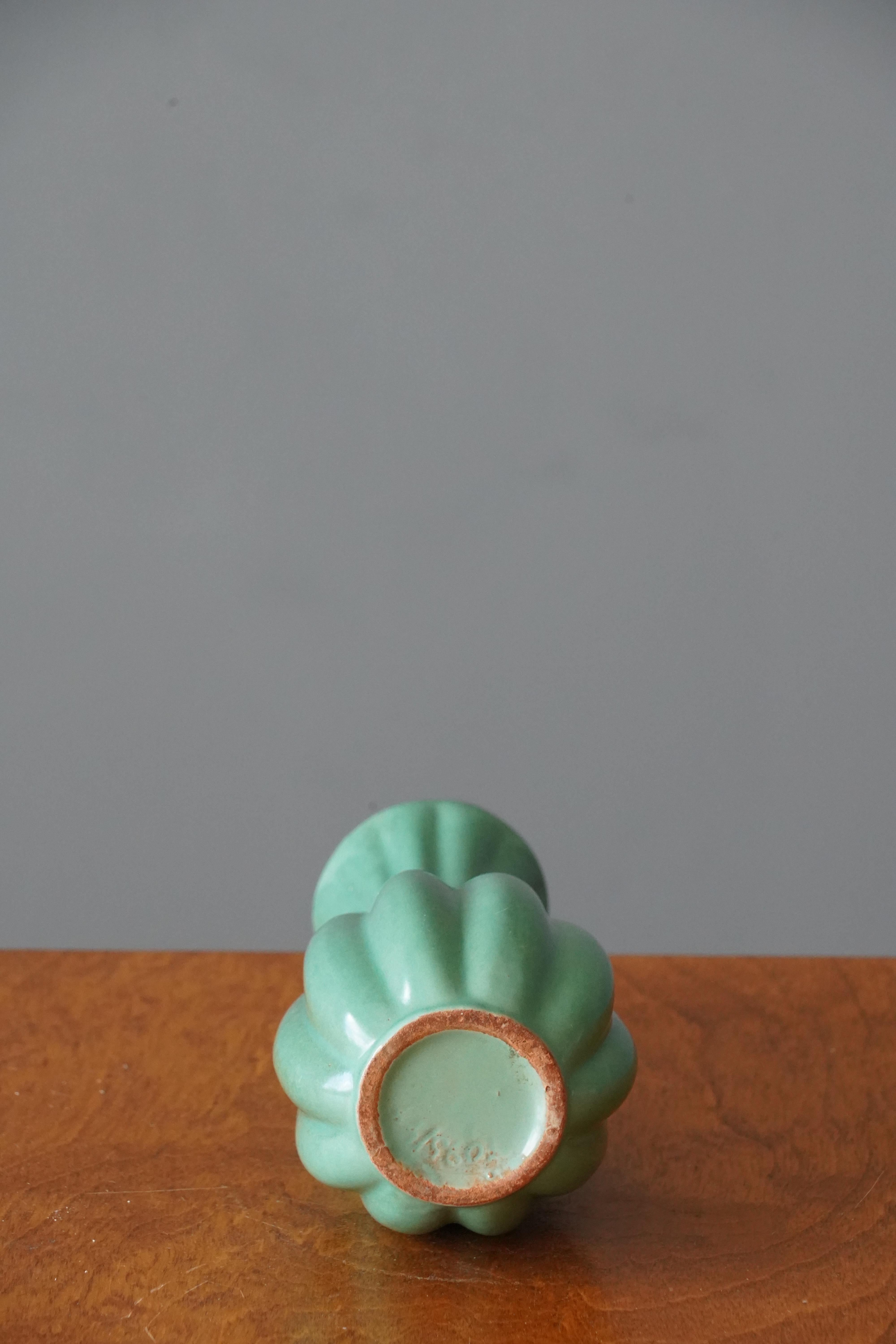Swedish Upsala-Ekeby, Fluted Vase, Green Glazed Earthenware, Sweden, 1940s