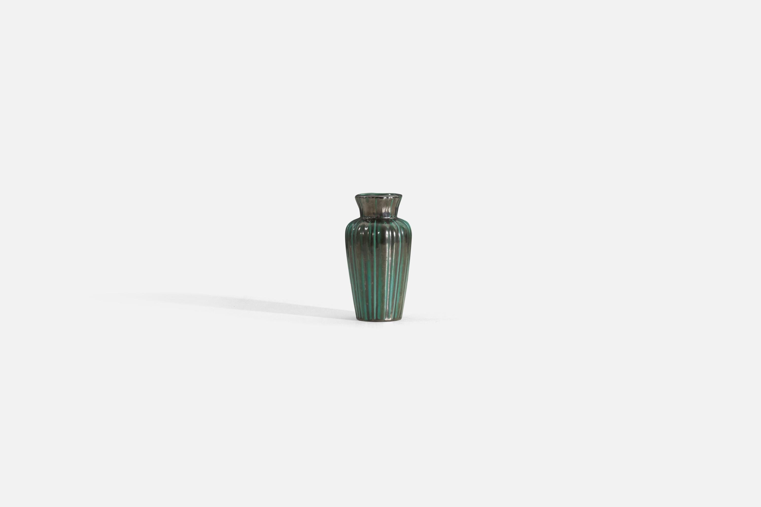 Swedish Upsala-Ekeby, Fluted Vase, Green-Glazed Earthenware, Sweden, 1940s For Sale