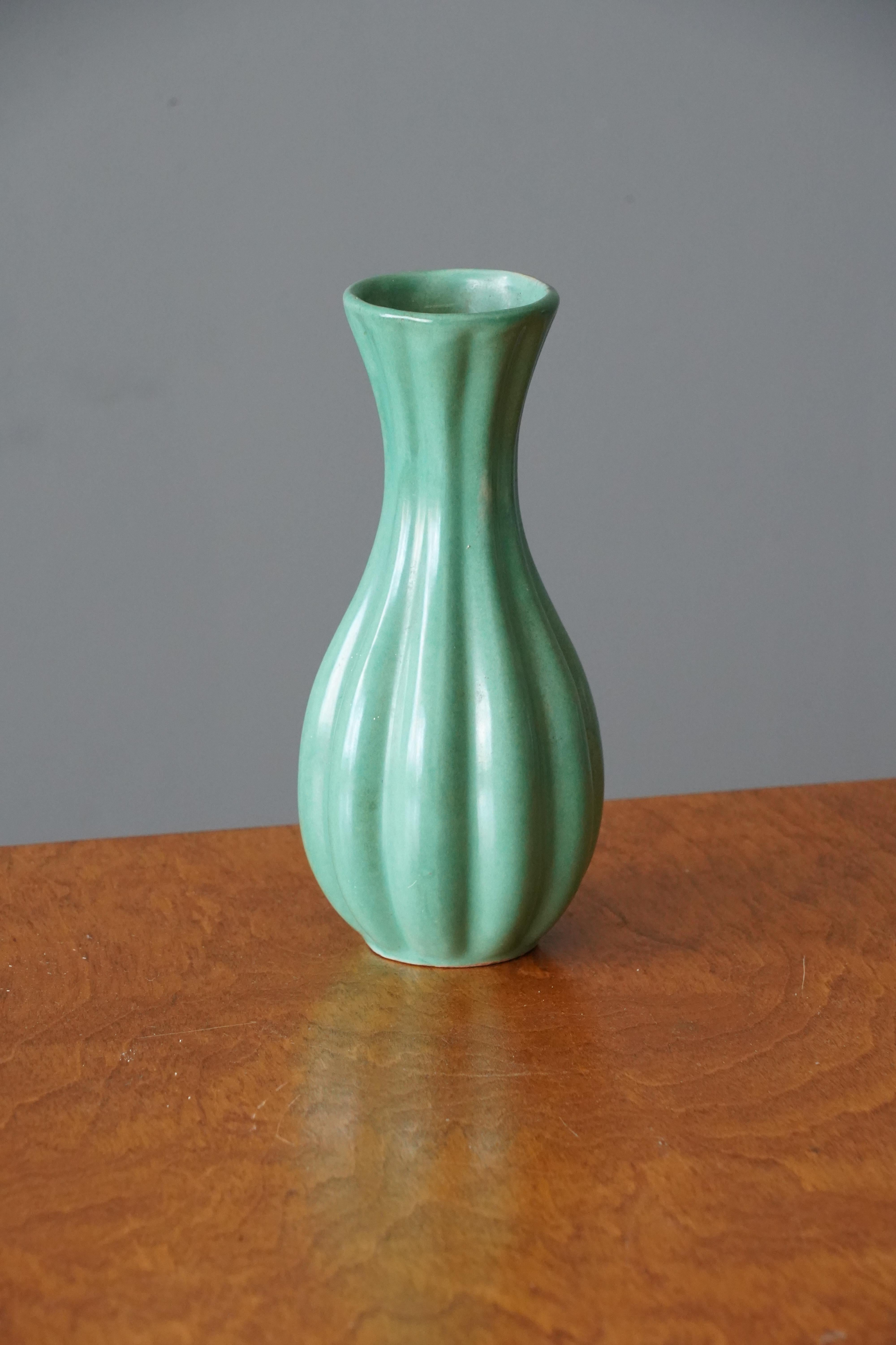 Upsala-Ekeby, Fluted Vase, Green Glazed Earthenware, Sweden, 1940s In Good Condition In High Point, NC