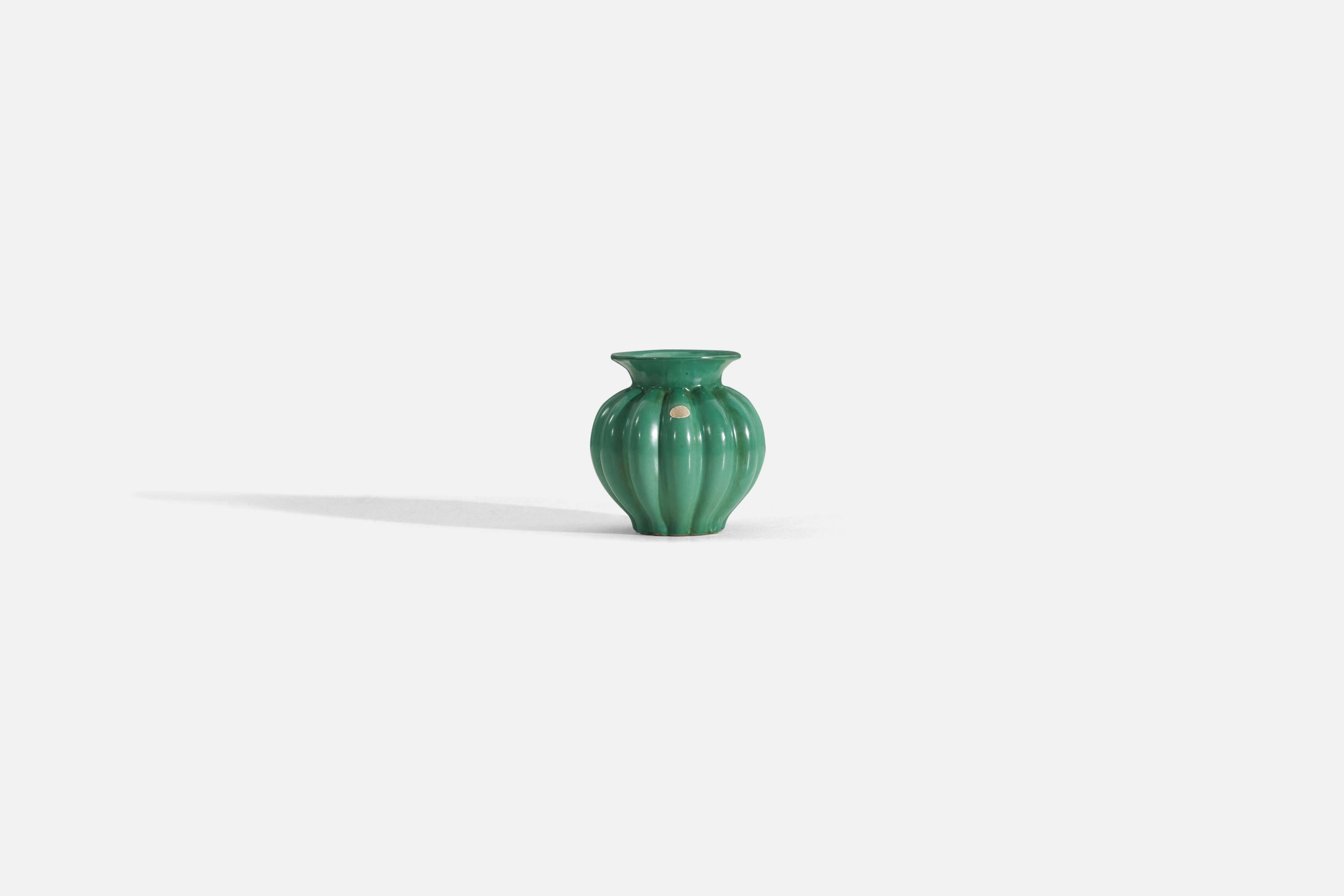 Art Deco Upsala-Ekeby, Fluted Vase, Green-Glazed Earthenware, Sweden, 1940s For Sale