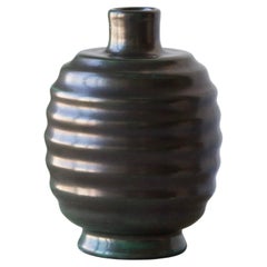 Upsala-Ekeby, Fluted Vase, Green Glazed Earthenware, Sweden, 1940s