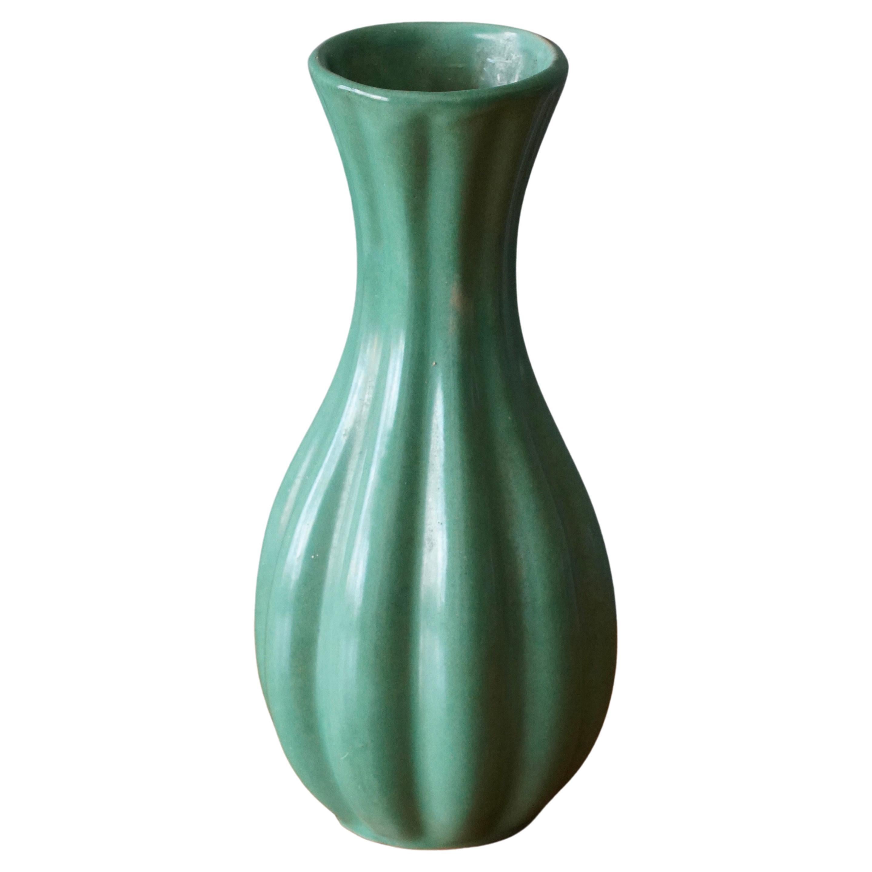 Upsala-Ekeby, Fluted Vase, Green Glazed Earthenware, Sweden, 1940s