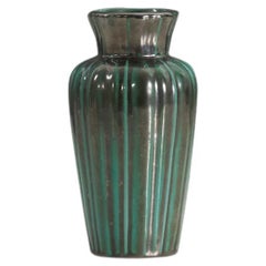 Vintage Upsala-Ekeby, Fluted Vase, Green-Glazed Earthenware, Sweden, 1940s