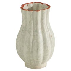 Vintage Upsala-Ekeby, Fluted Vase, White and Orange-Glazed Earthenware, Sweden, 1940s