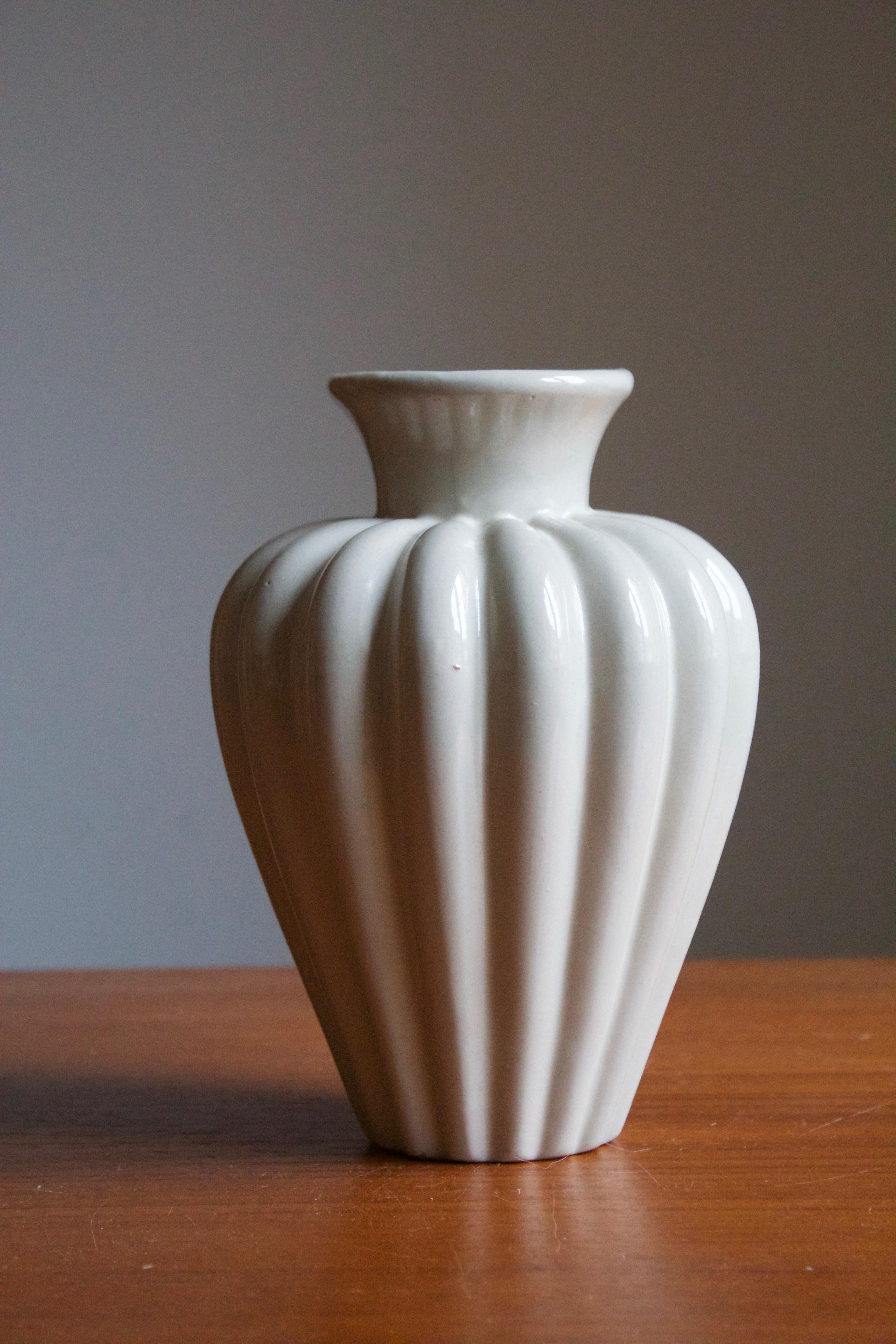 Art Deco Upsala-Ekeby, Fluted Vase, White Grey Glazed Earthenware, Sweden, 1930s