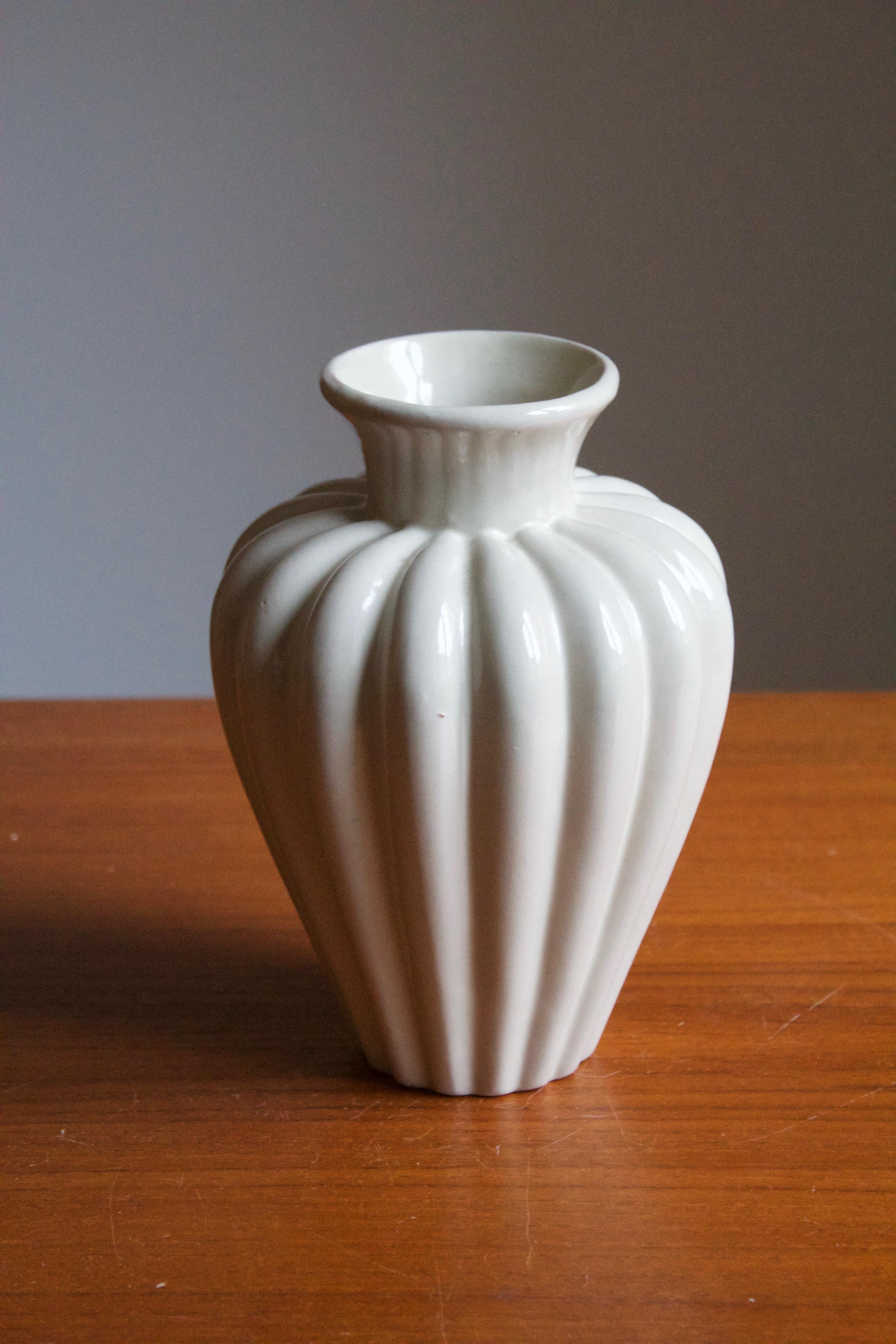 Swedish Upsala-Ekeby, Fluted Vase, White Grey Glazed Earthenware, Sweden, 1930s