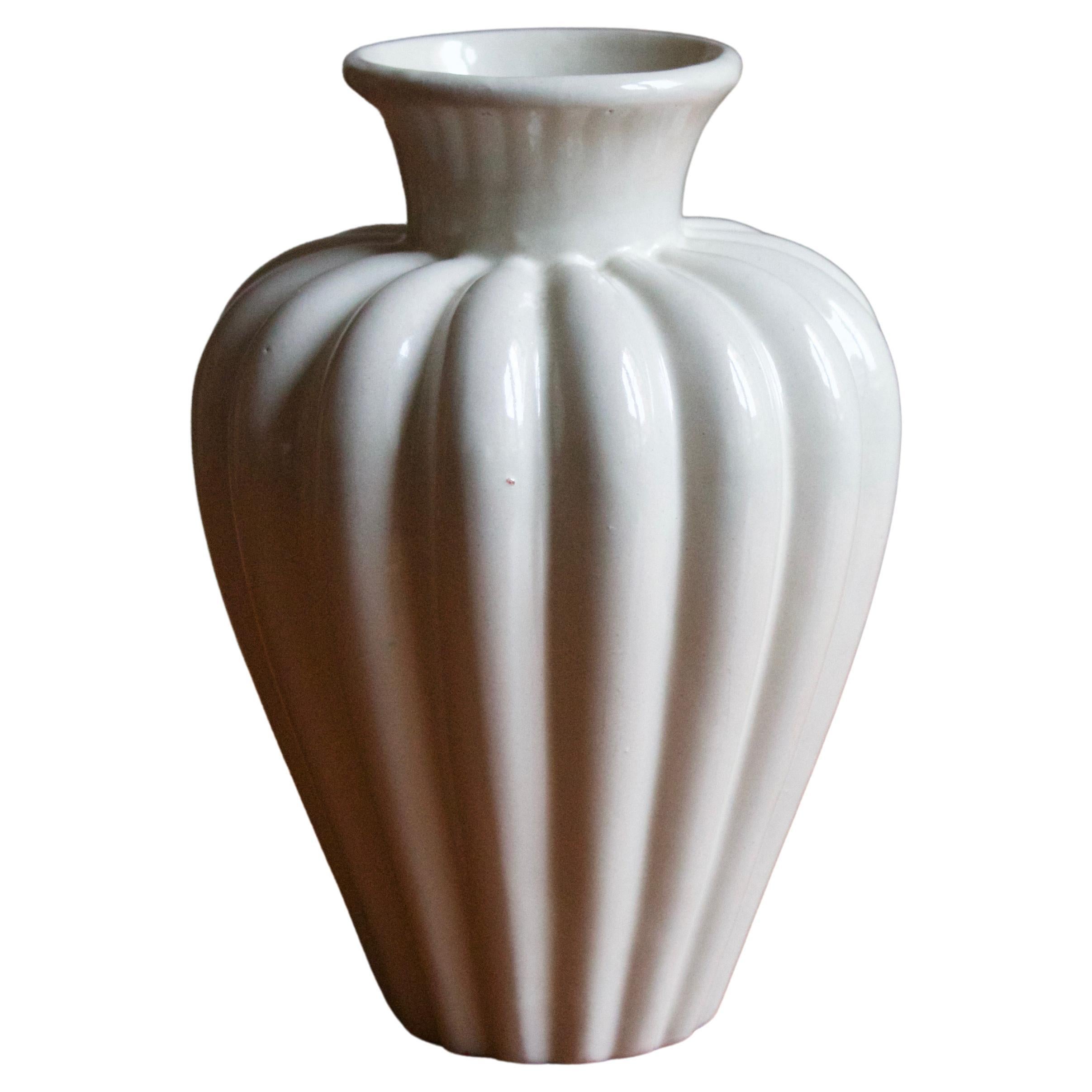 Upsala-Ekeby, Fluted Vase, White Grey Glazed Earthenware, Sweden, 1930s