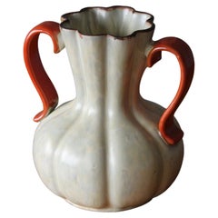 Upsala-Ekeby, Fluted Vase, White / Red Glazed Earthenware, Sweden, 1940s