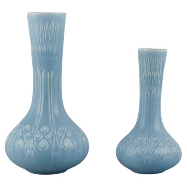 Upsala-Ekeby/Gefle, Sweden. Two "Kairo" ceramic vases in light blue glaze For Sale