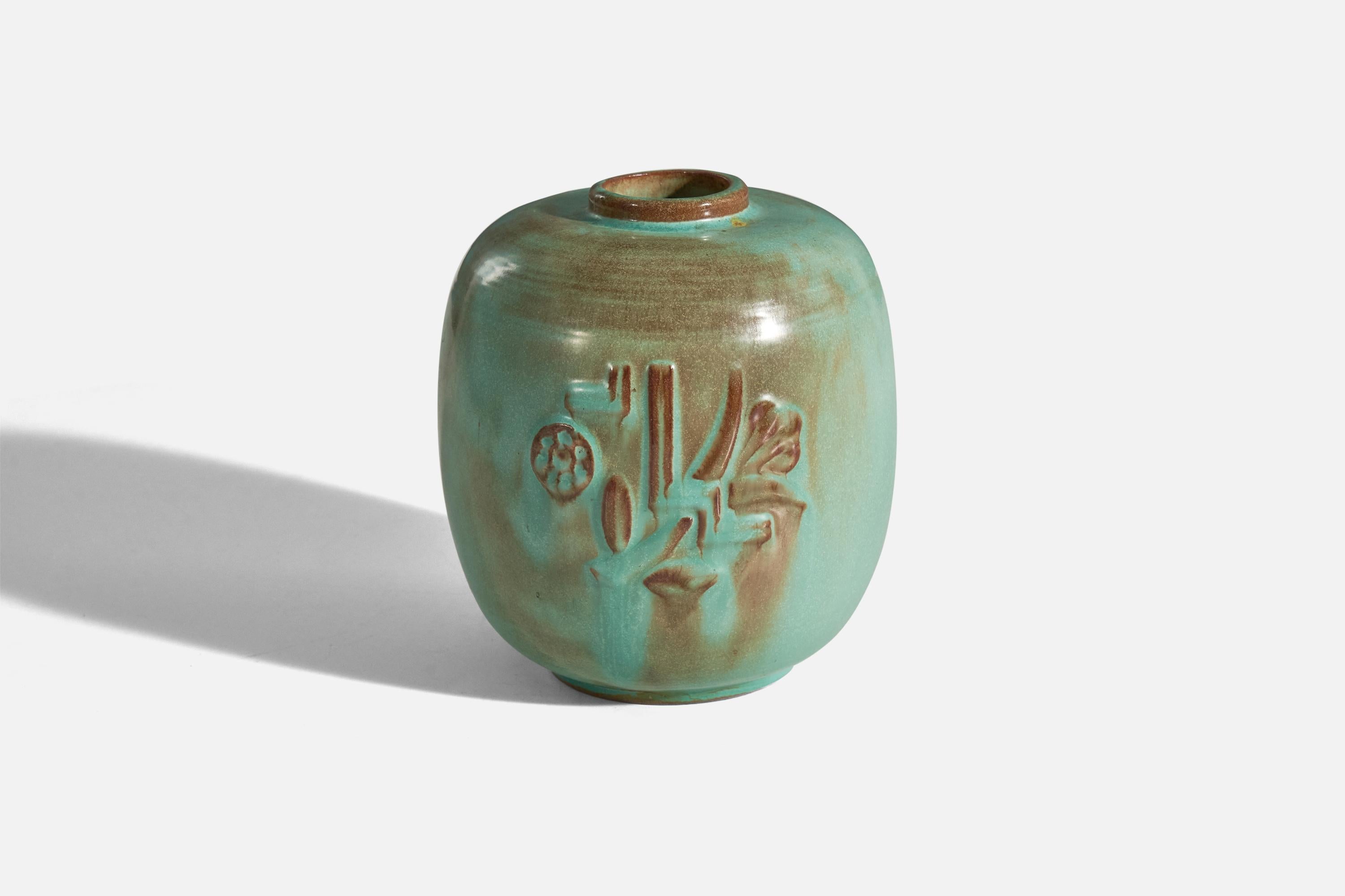A green and brown, glazed earthenware vase designed and produced by Upsala-Ekeby, Sweden, 1940s.

