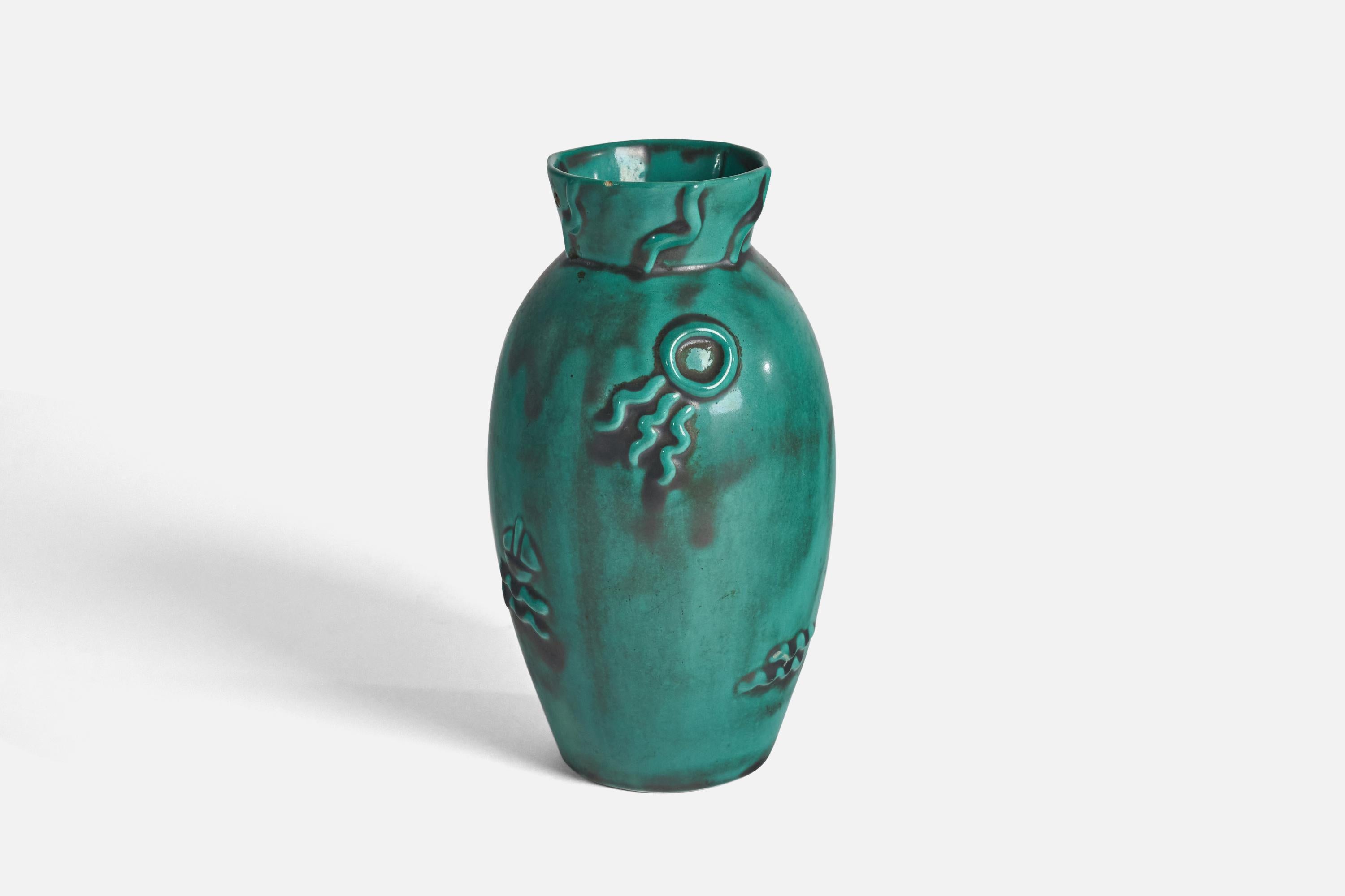 A green, glazed earthenware vase designed and produced by Upsala-Ekeby, Sweden, 1940s.

