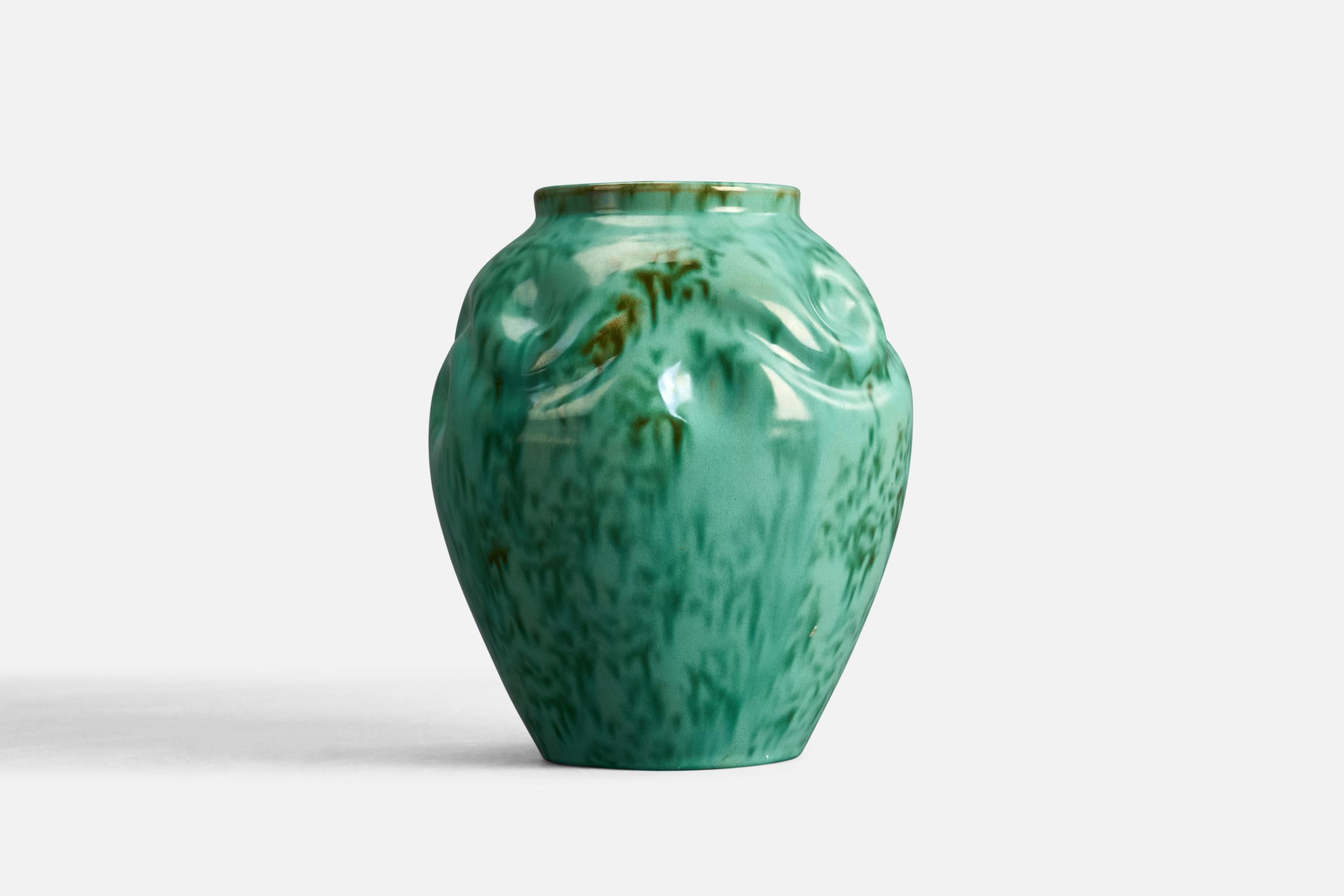 Swedish Upsala Ekeby, Green-Glazed Vase, Earthenware, 1940s For Sale