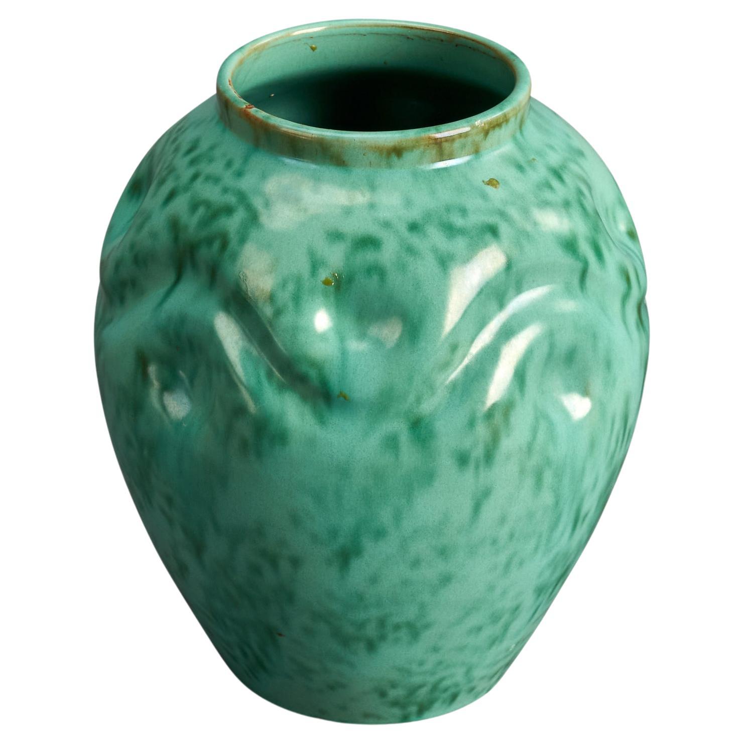 Upsala Ekeby, Green-Glazed Vase, Earthenware, 1940s For Sale