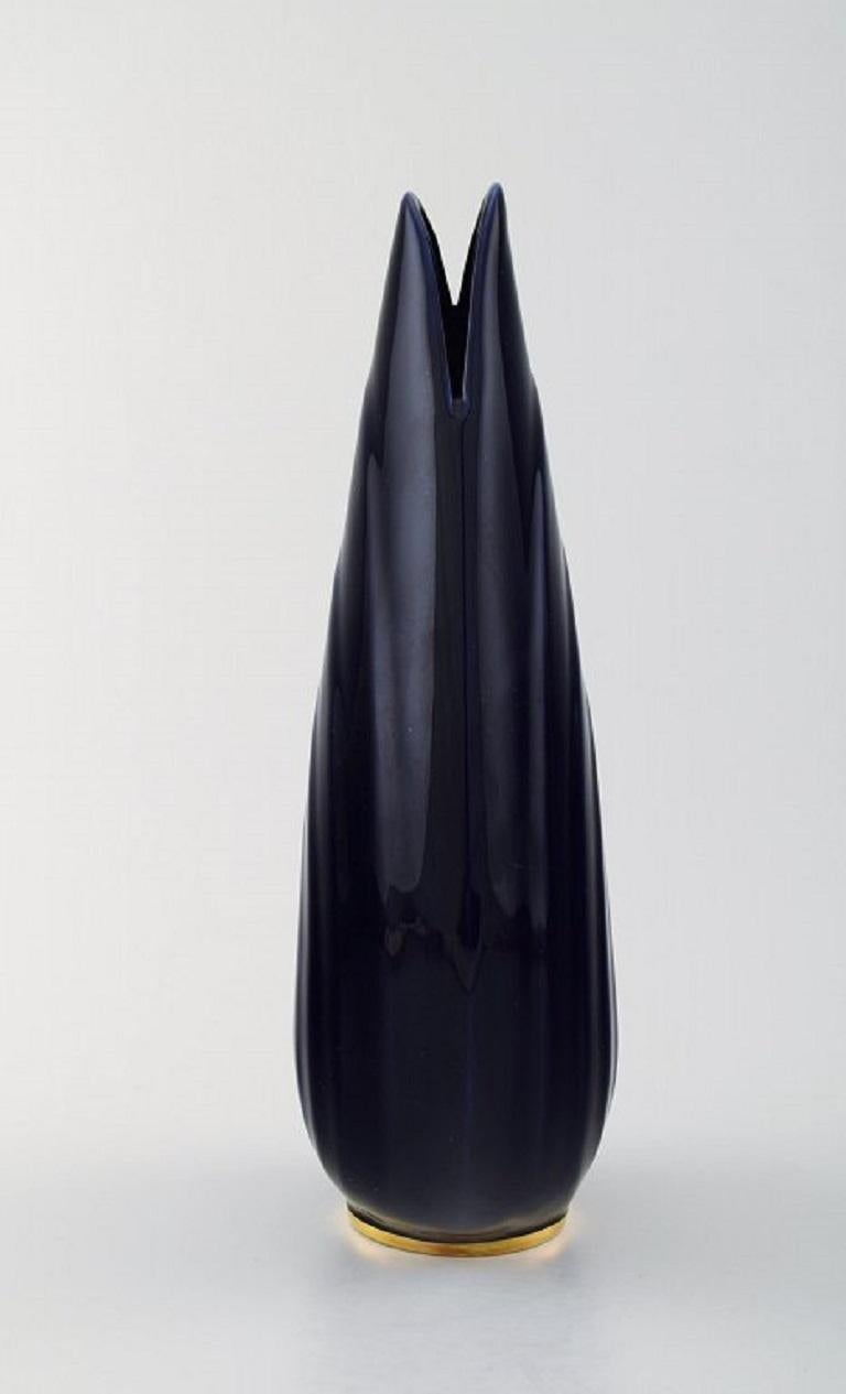 Scandinavian Modern Upsala-Ekeby / Karlskrona, Ceramic Vase, Navy Blue Glaze with Gold Decoration For Sale