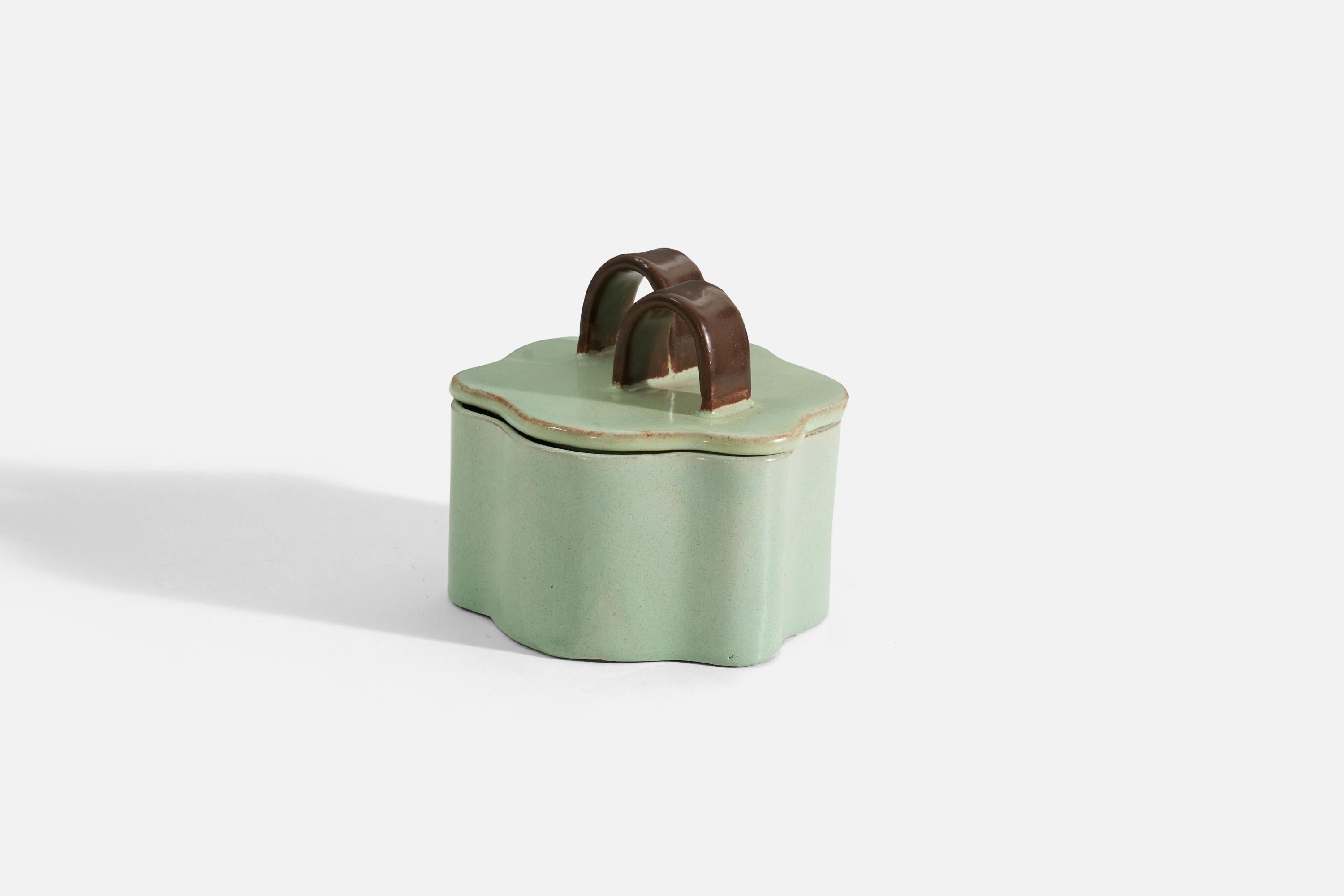 A green-glazed earthenware-lidded jar or box, produced by Upsala-Ekeby, Sweden, 1940s. 

.