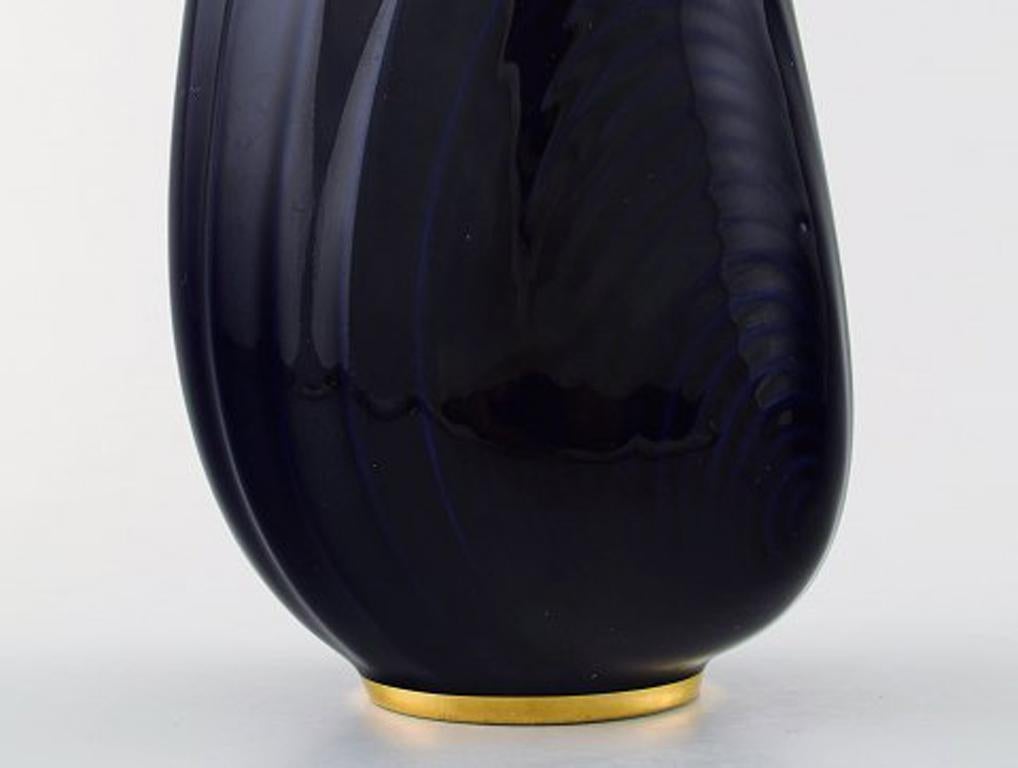 Scandinavian Modern Upsala-Ekeby or Karlskrona, Ceramic Vase, Navy Blue Glaze with Gold Decoration