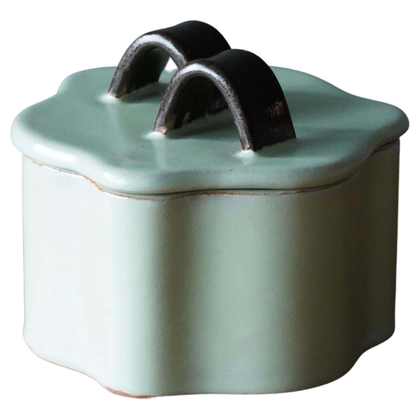 Upsala-Ekeby, Organic Lidded Jar, Green Brown Glaze Earthenware, Sweden, 1940s