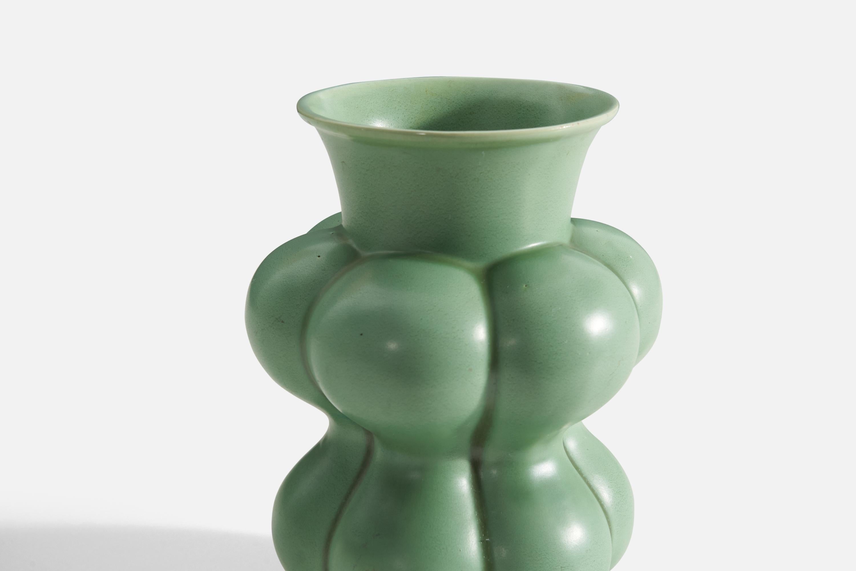 Art Deco Upsala-Ekeby, Rare Vase, Green-Glazed Earthenware, Sweden, 1940s