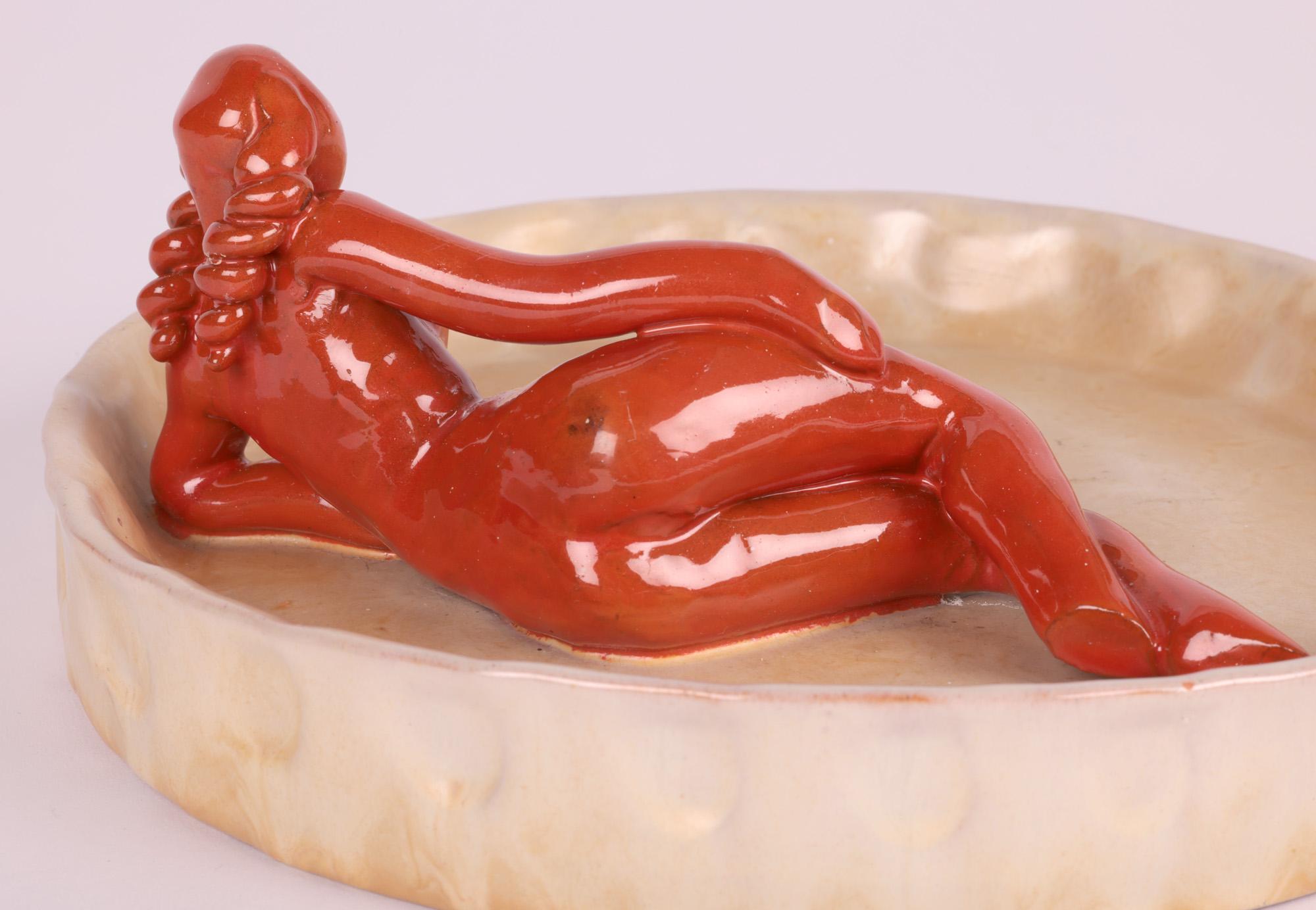 Terracotta Upsala Ekeby Swedish Midcentury Art Pottery Dish with Nude For Sale
