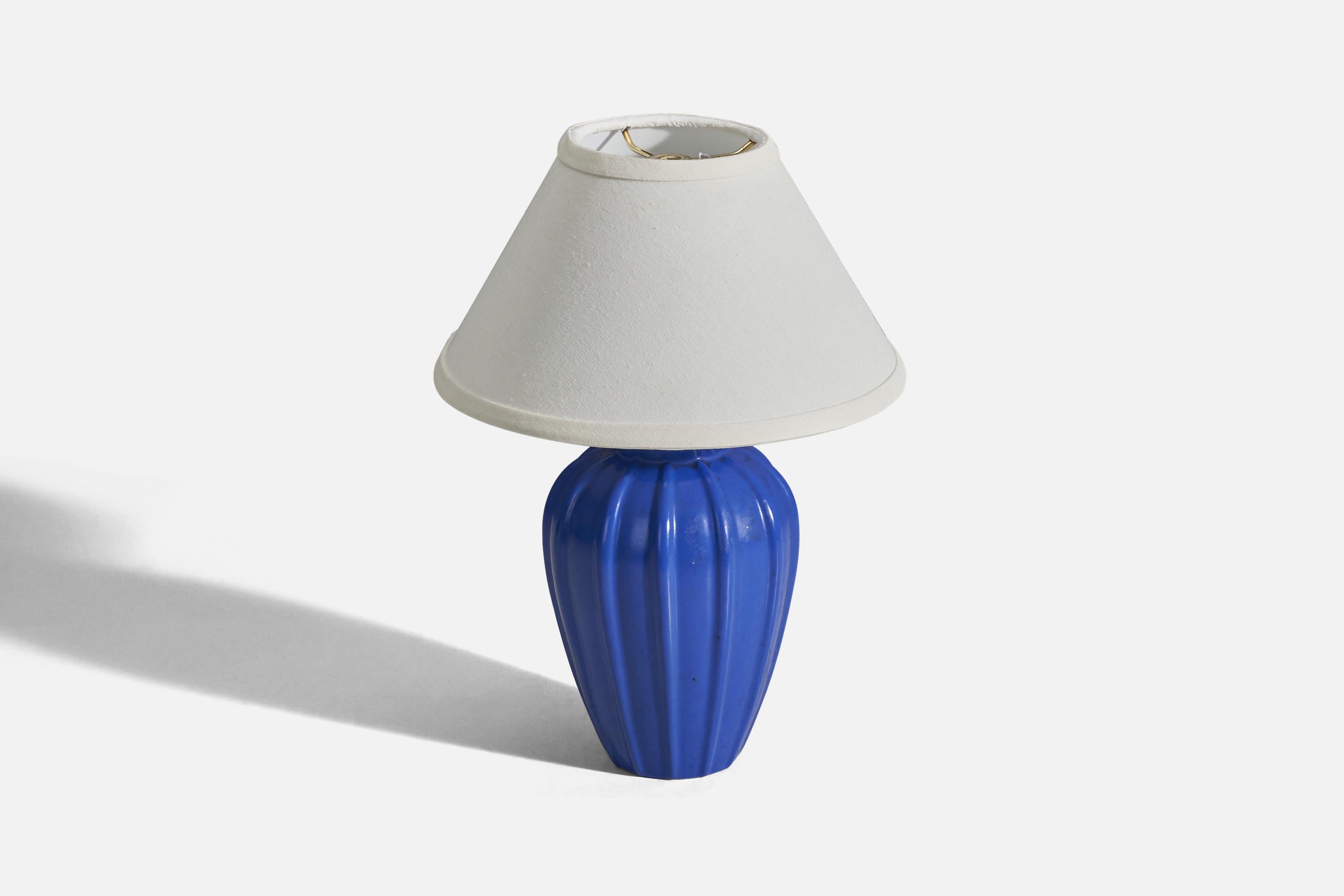 Scandinavian Modern Upsala-Ekeby, Table Lamp, Blue Glazed Earthenware, Brass, Sweden, 1940s For Sale