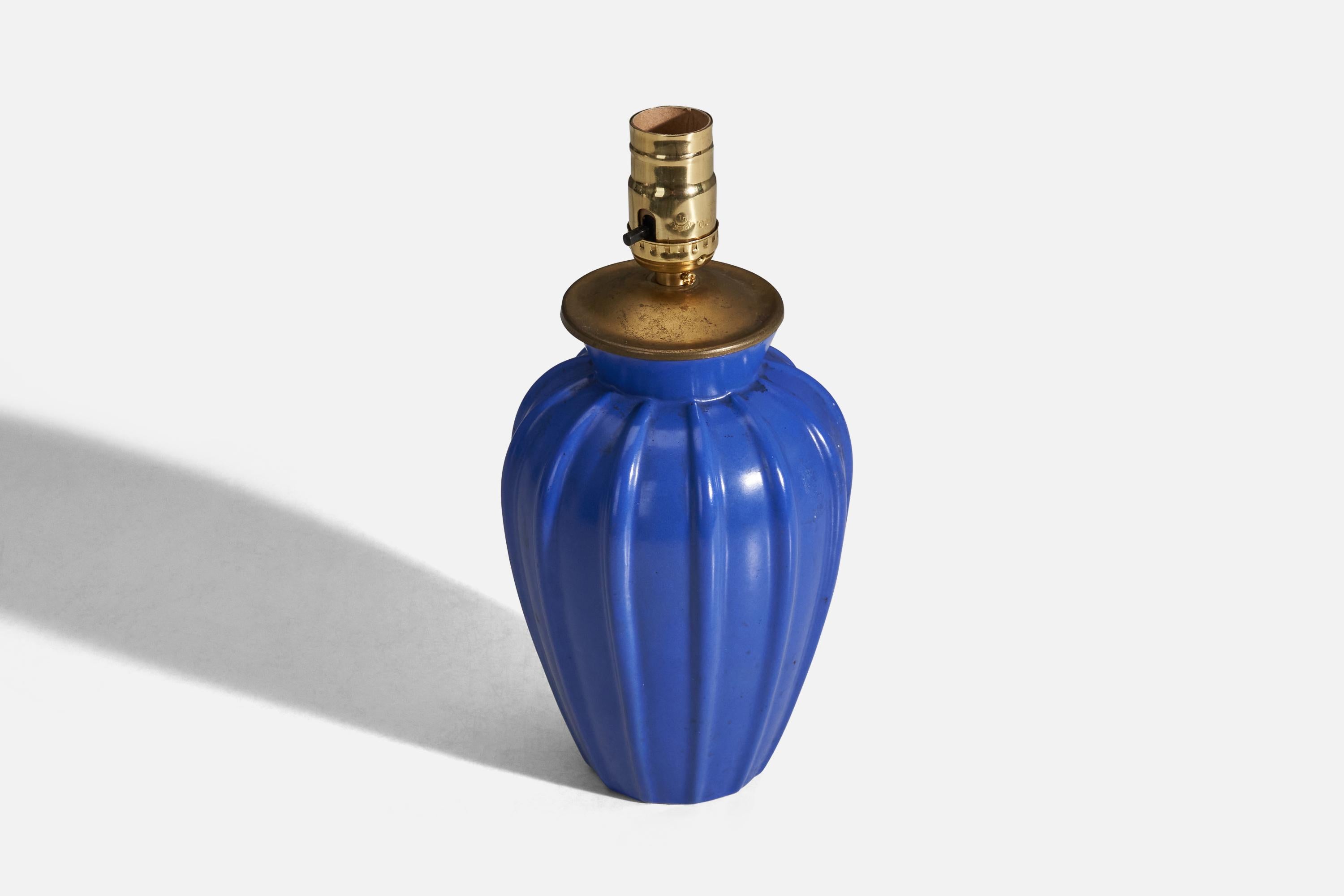Swedish Upsala-Ekeby, Table Lamp, Blue Glazed Earthenware, Brass, Sweden, 1940s For Sale