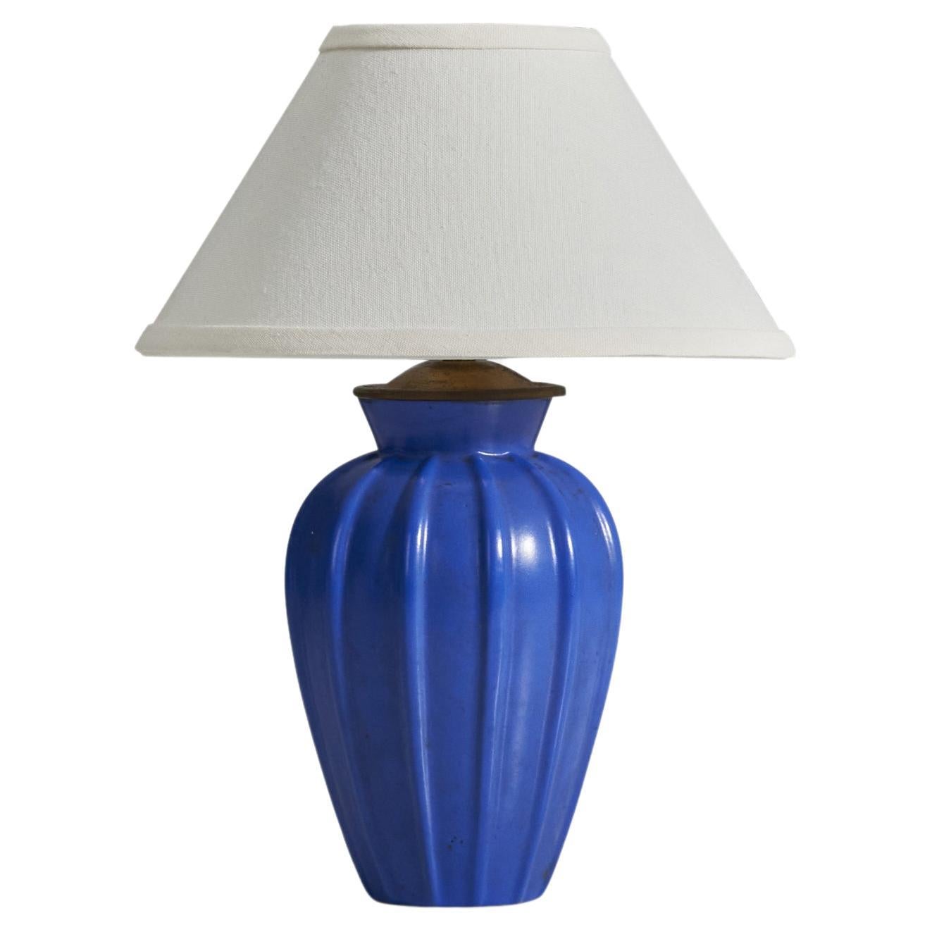 Upsala-Ekeby, Table Lamp, Blue Glazed Earthenware, Brass, Sweden, 1940s