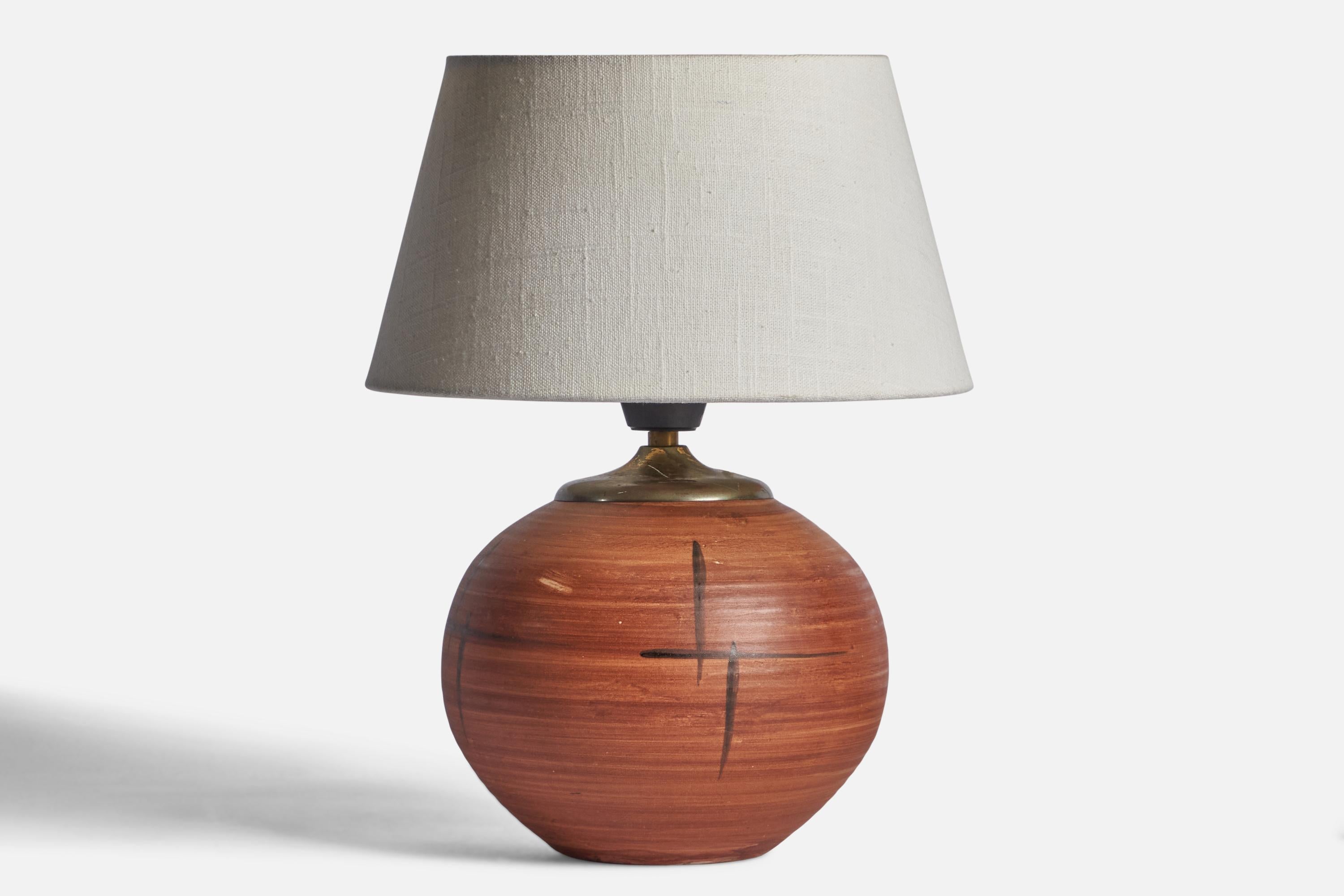 A brown-glazed hand-painted earthenware and brass table lamp designed and produced by Upsala Ekeby, Sweden, c. 1930s.

Dimensions of Lamp (inches): 10.25” H x 7” Diameter
Dimensions of Shade (inches): 7” Top Diameter x 10” Bottom Diameter x