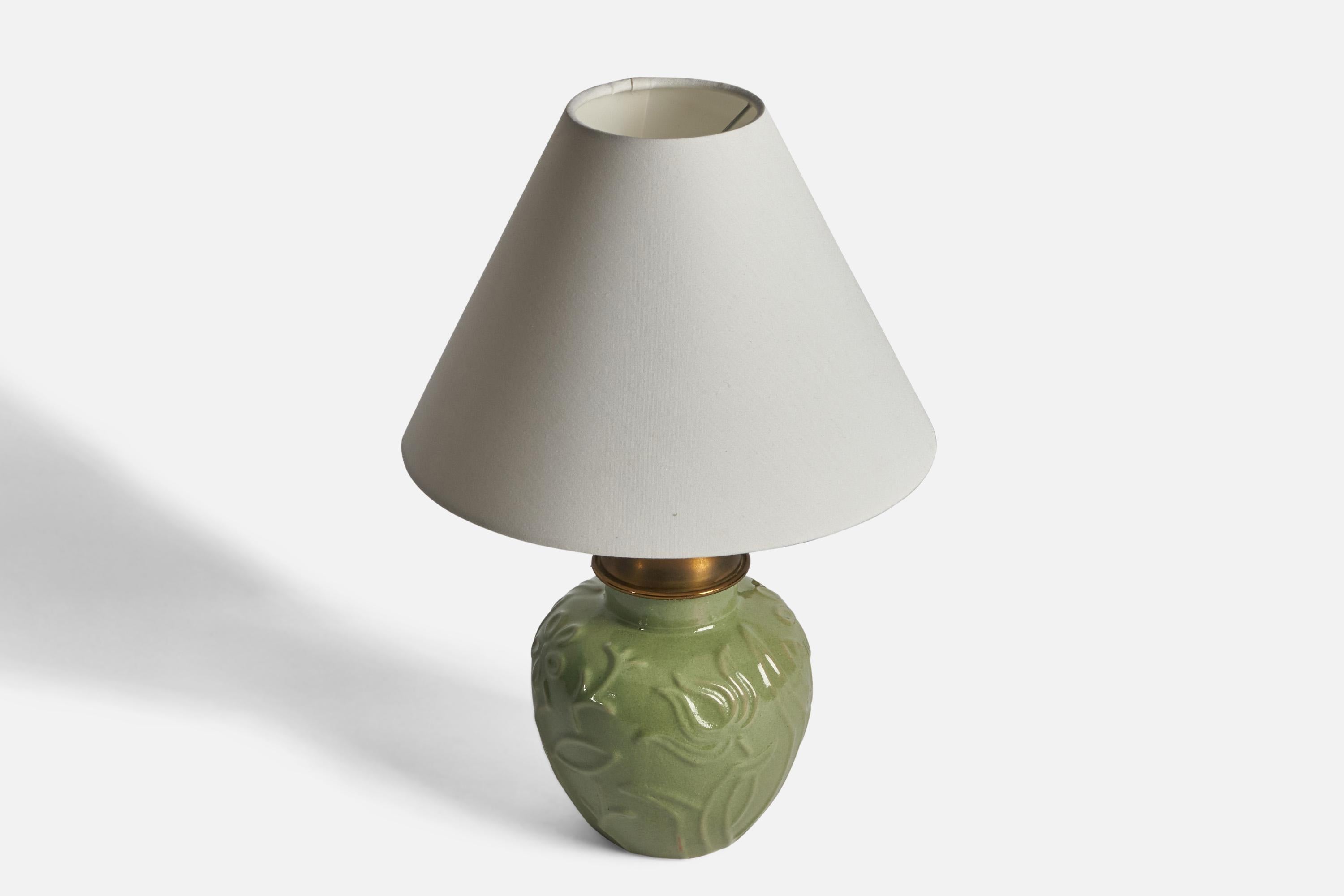 Scandinavian Modern Upsala Ekeby, Table Lamp, Earthenware, Brass, Sweden, 1930s For Sale